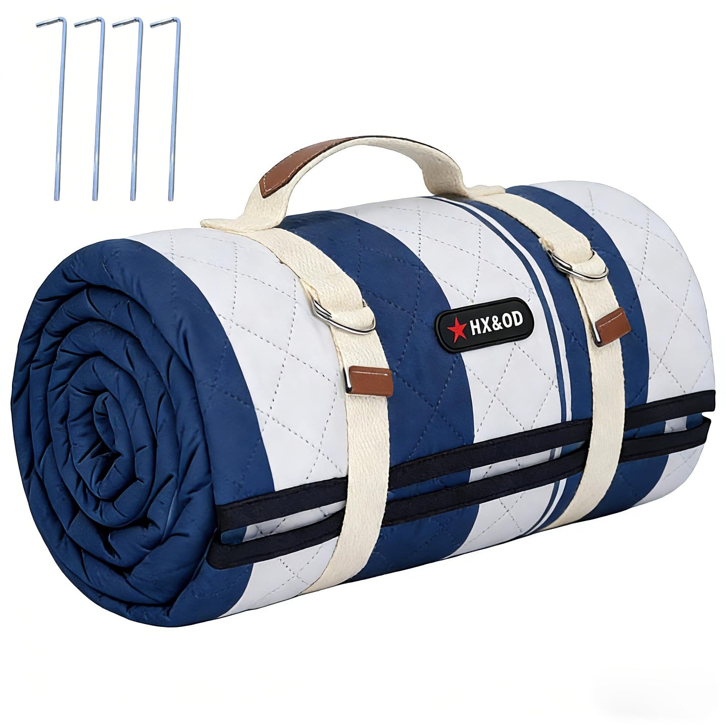 HX&OD Outdoor Picnic Blanket Extra Large, 80''*80'' Waterproof Picnic Mat with Stakes Foldable Camping Blanket Portable with Carry Strap for Beach Mat (Blue& White, 80''*80'')