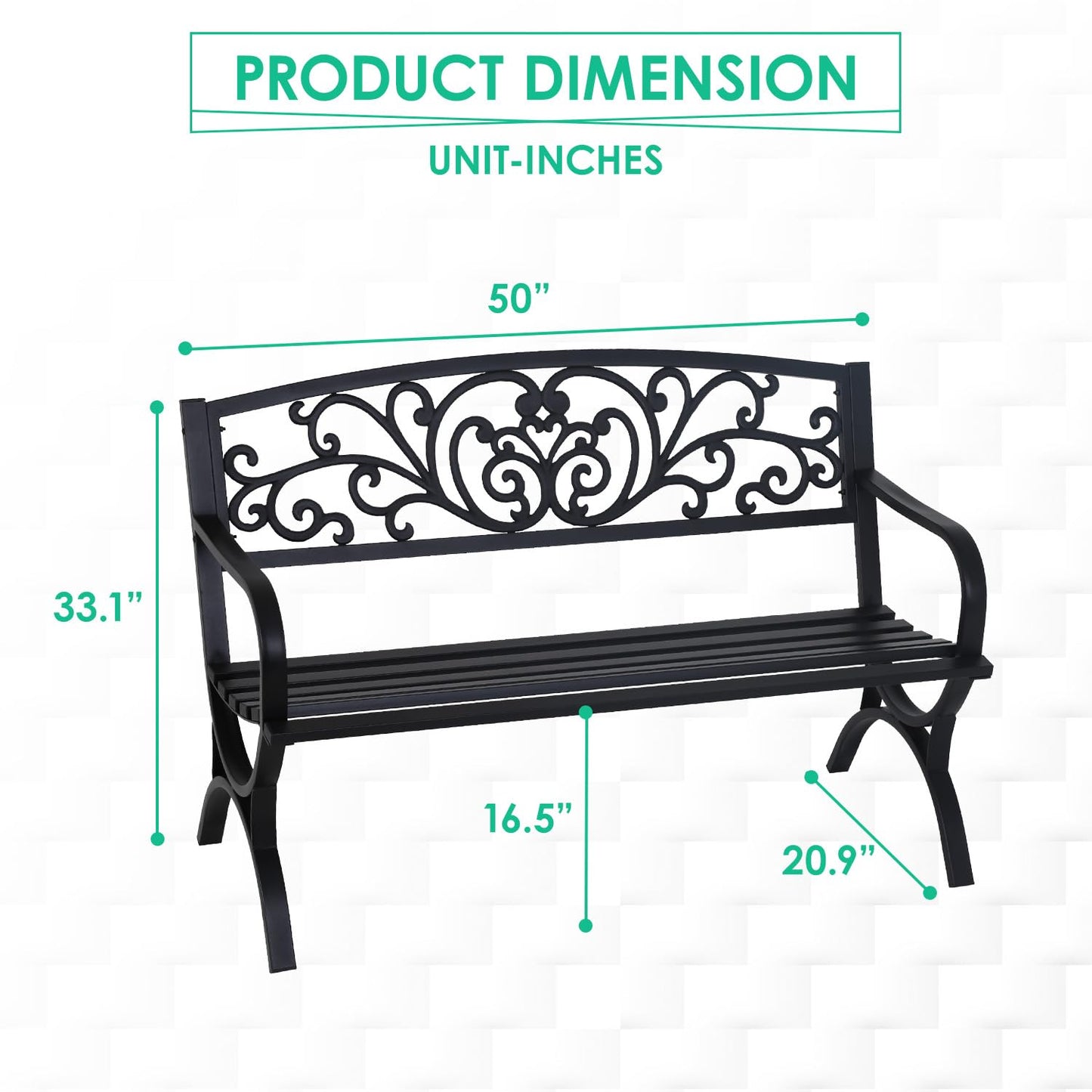 FDW Outdoor 50 Inches Garden Bench, Slatted Seat Armrests Floral Design Backres and Arch Legs, Perfect for Park, Yard, Porch, Lawn, Balcony, Backyard, Black