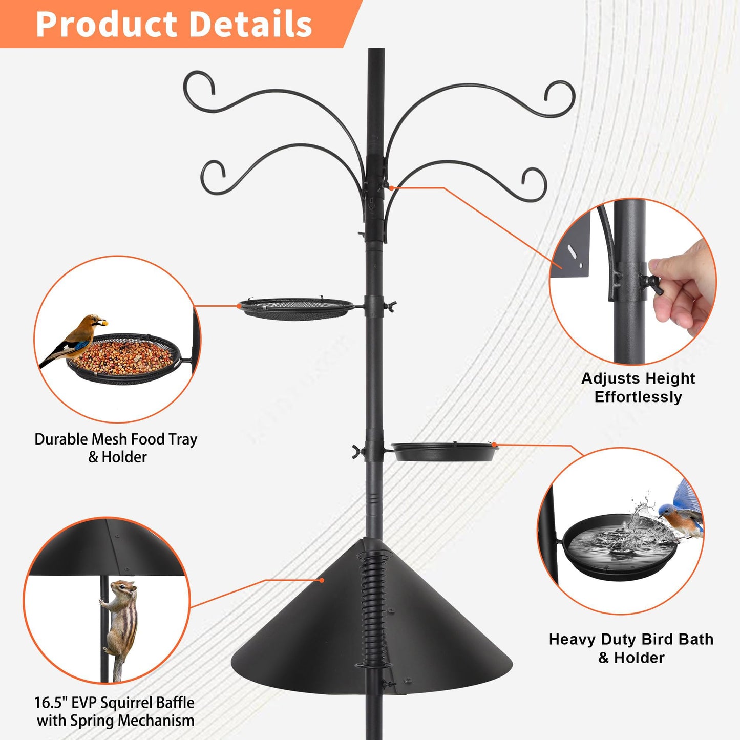 eWonLife 92 Inch Squirrel Proof Bird Feeder Pole with 9 Prongs Base, 1 Inch Dia Bird House Pole, Heavy Duty Bird Feeder Stand, Adjustable Shepherds Hooks for Outdoor with Squirrel Baffle Birdbath Tray