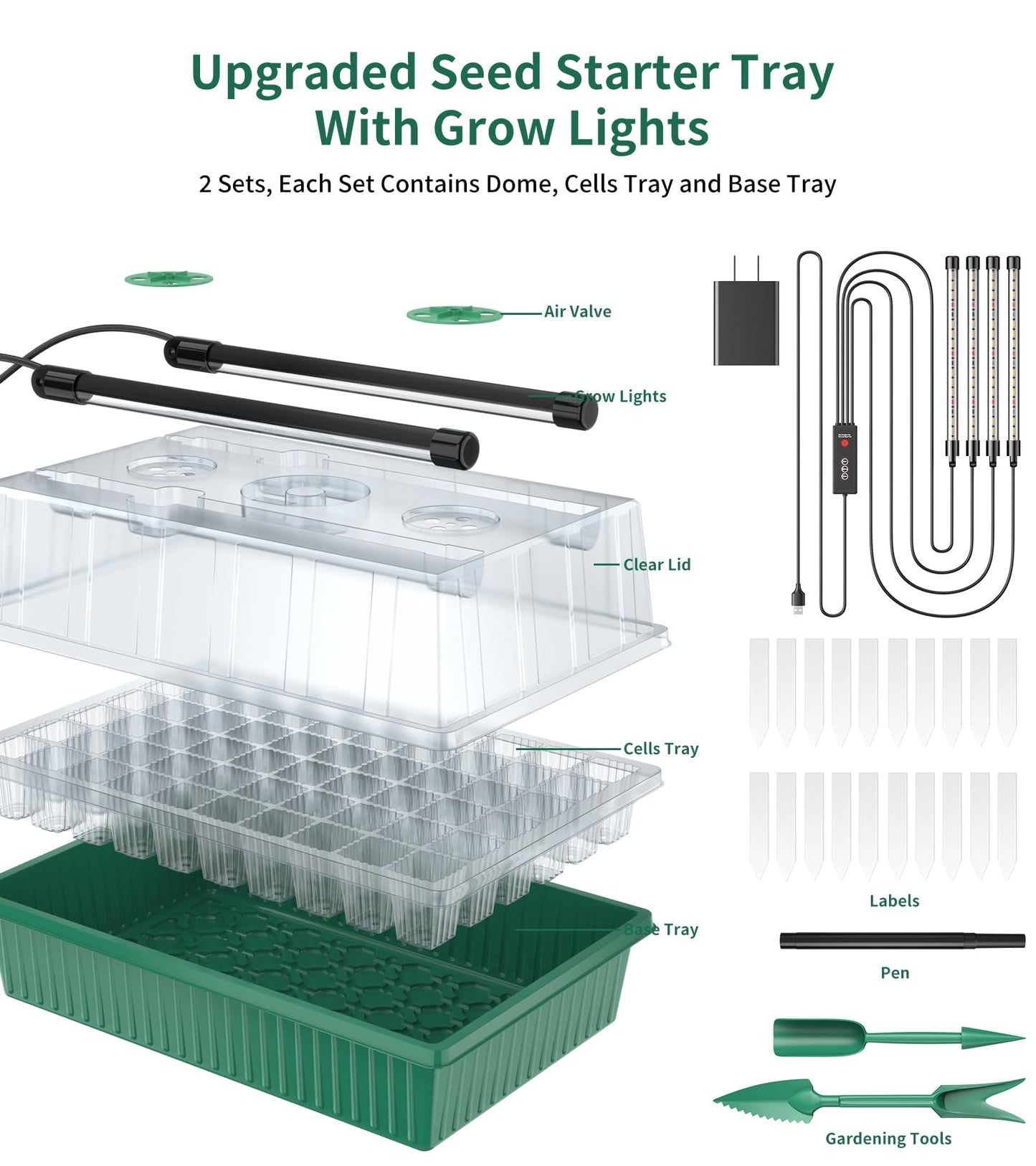 Guioiby Seed Starter Tray, 120-Cells Seed Starter Kit with Grow Light, 2 Pack Reusable Seeding Starter Trays with Air Vent Humidity Domes for Greenhouse Gardening Indoor Planting Growing (Green Base)