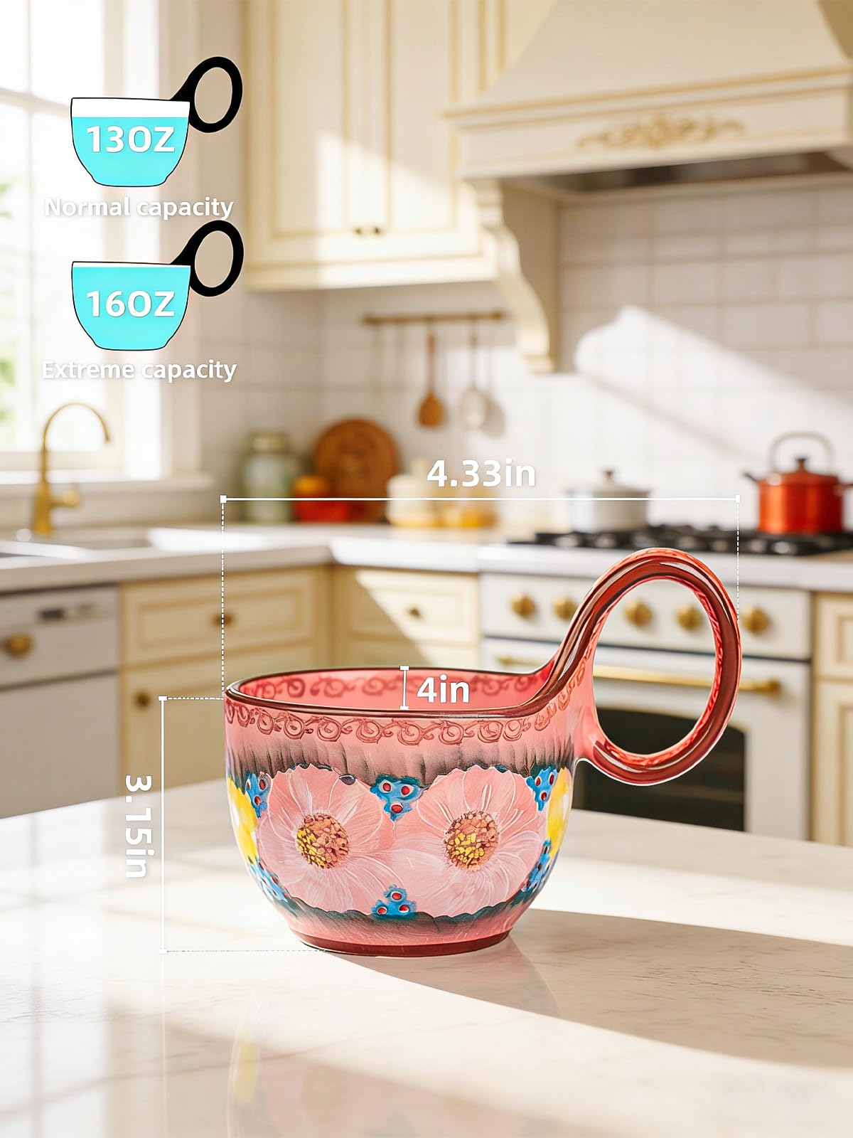 silesia Handmade Ceramic Soup Bowl with Loop Handle, Hand Painted Floral Cereal Bowl, Artisanal Soup Mug for Chili, Stew, Oatmeal, Microwave Safe, Glazed Pink
