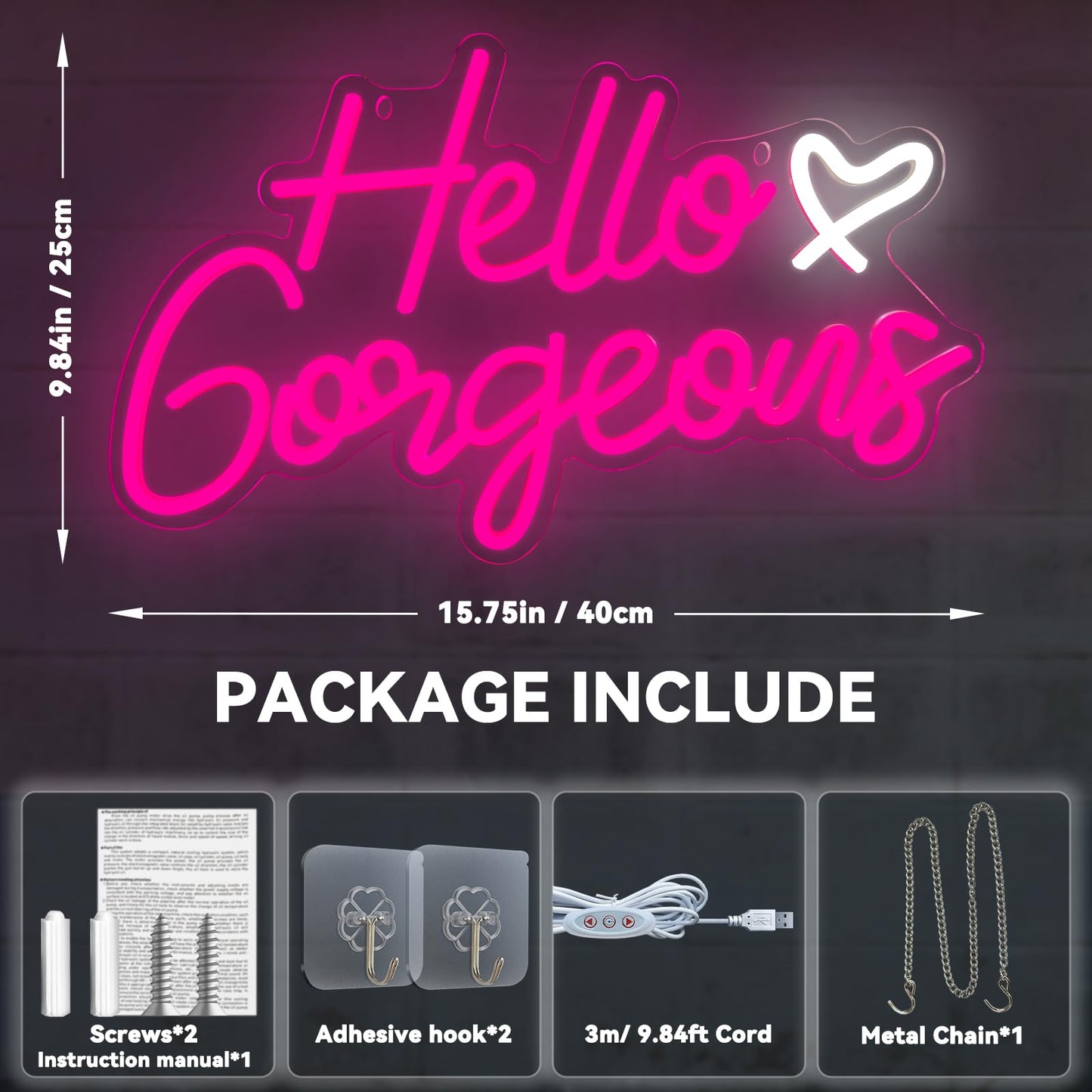 Hello Gorgeous Neon Signs Hello Beautiful Pink LED Neon Lights Dimmable LED Light Sign for Home Wedding Birthday Backdrop Bacelorette Party Decoration, Pink