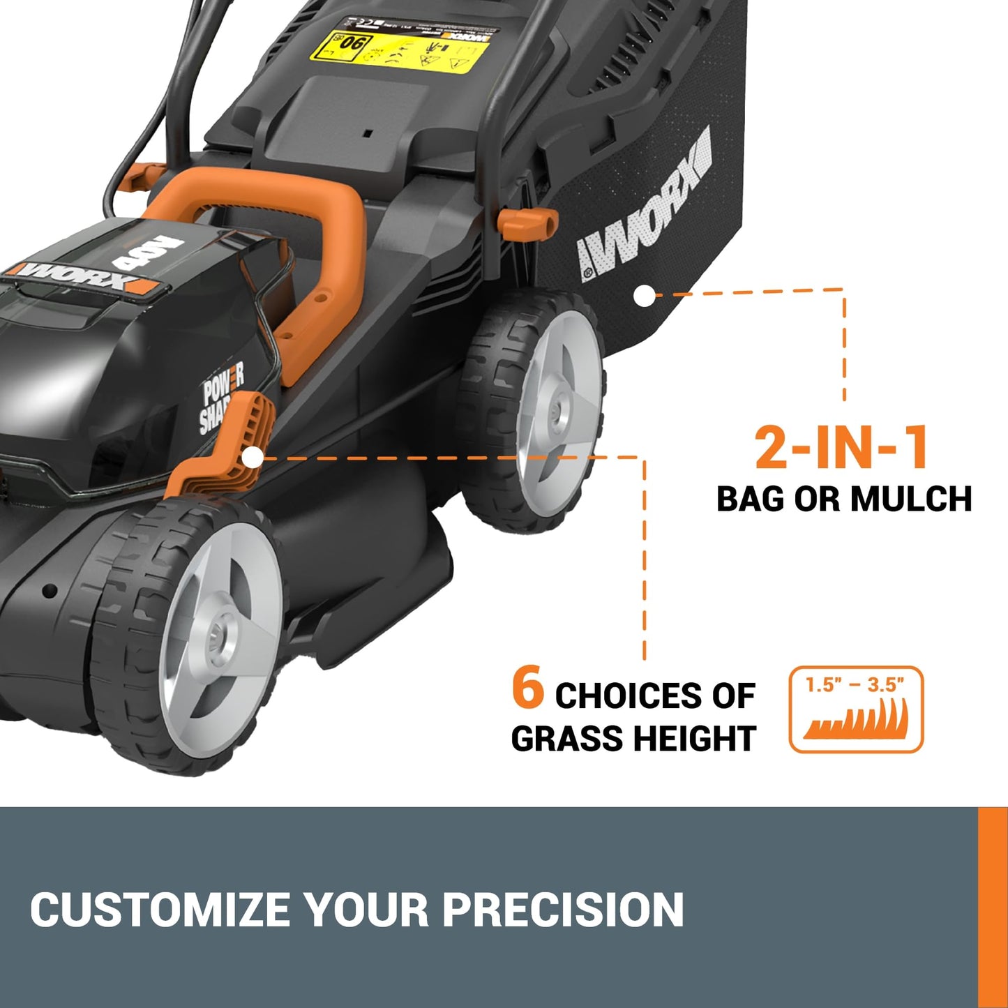 WORX 14" Cordless Lawn Mower, 2 in 1 Electric Mower Cuts Quietly, Compact & Lightweight Push Lawn Mower with 6-Position Height Adjustment for Small Yards, 2 Batteries & Charger Included, WG779