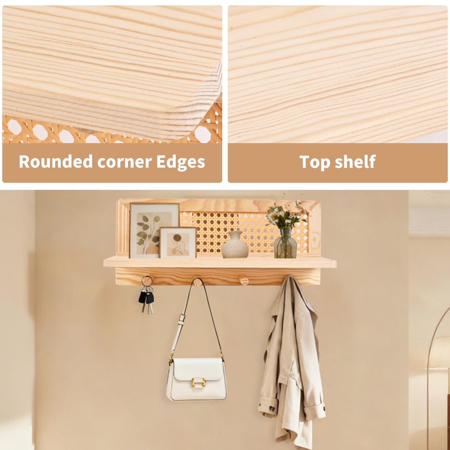 ZELURA Rattan Wall Shelf with Hooks, Boho Entryway Organizer, Floating Storage