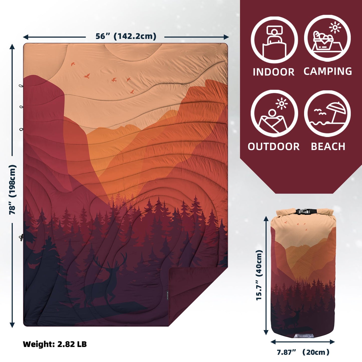 KawaGebo Kamp Camping Blanket Puffy - Outdoor Stadium Blanket Wearable, Lightweight, Packable, Machine Washable Camping Quilt for Traveling, Picnic, Beach, Party 78"x 56" (Sunset Mountain Scenery)