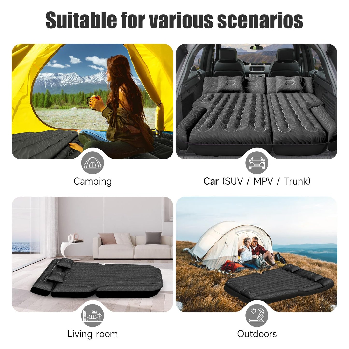 DikaSun Inflatable SUV Air Mattress Bed, Double-Sided Flocking Travel Camping Bed with Air Pump and 2 Pillows for Universal SUV
