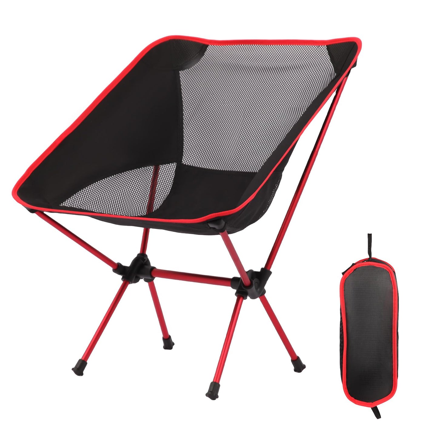 Veathzet Ultralight Camping Chair, Foldable Portable Camping Chair with Breathable Nylon Mesh, Compact Design & Carry Bag for Hiking, Backpacking, Beach, Concerts (Black&red)