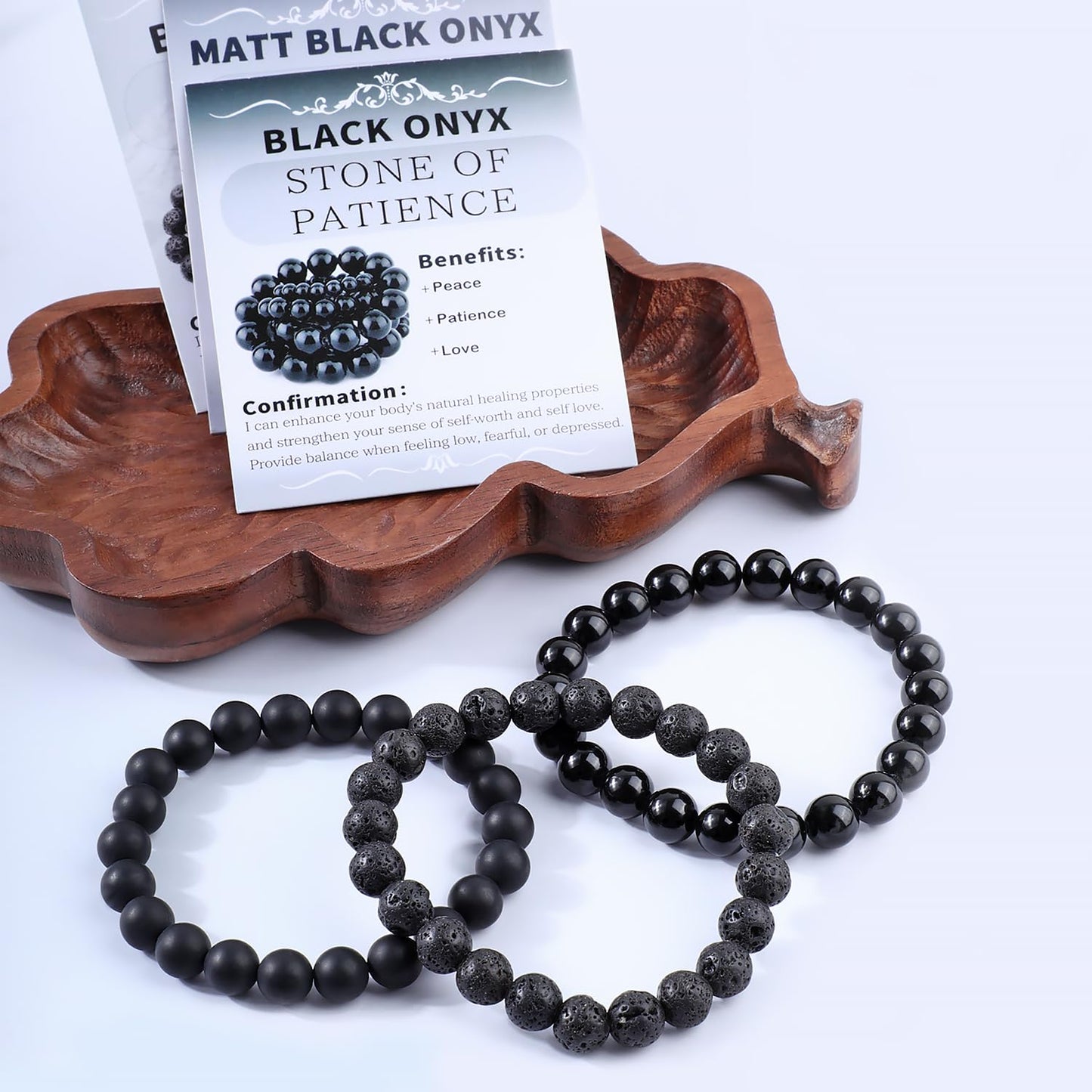 NCB 3-Piece 8mm Natural Crystal Gemstone Stretch Bracelets – ﻿Black Lava, Black Onyx, Matte Black Agate Handmade Reiki Energy Healing Jewelry for Meditation,Yoga, Unisex