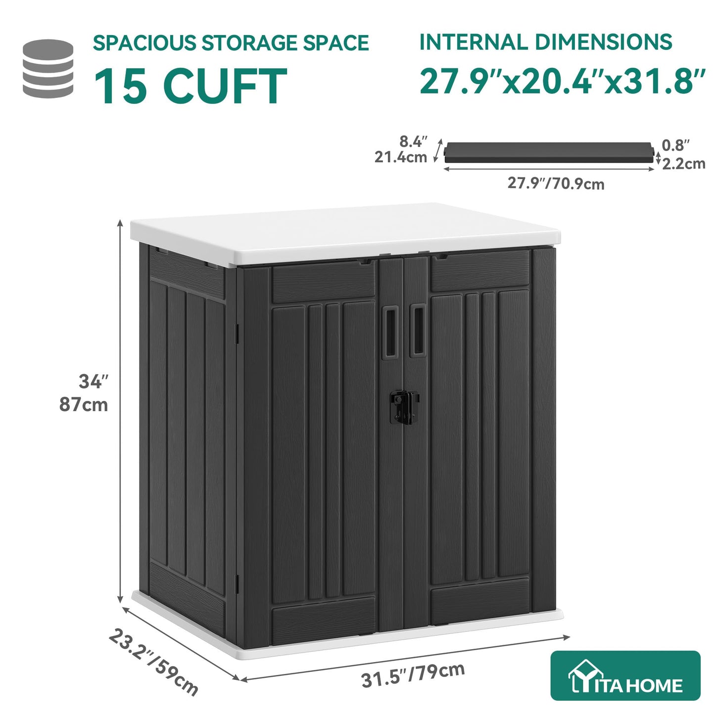 YITAHOME Outdoor Storage Cabinet with 2 Shelves, Waterproof Resin Horizontal Tool Shed, Lockable 15 cu. ft. Storage Shed for Patio, Garden, Yard, Dark Gray