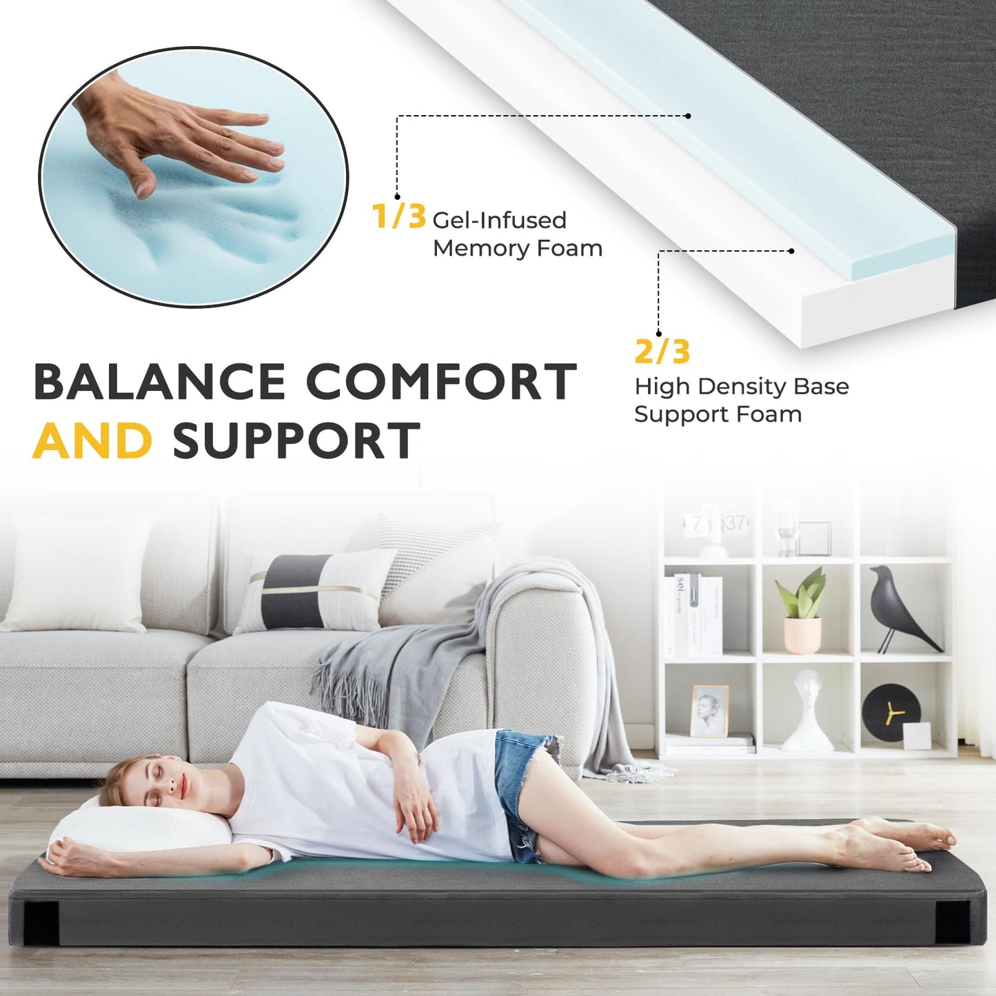 Kingfun 3 Inch CertiPUR-US Memory Foam Camping Mattress, Waterproof Roll up Sleeping Pad for Adults, Comfortable Thick Floor Sleeping Mats for Car Truck Tent with Removable Travel Bag, Single