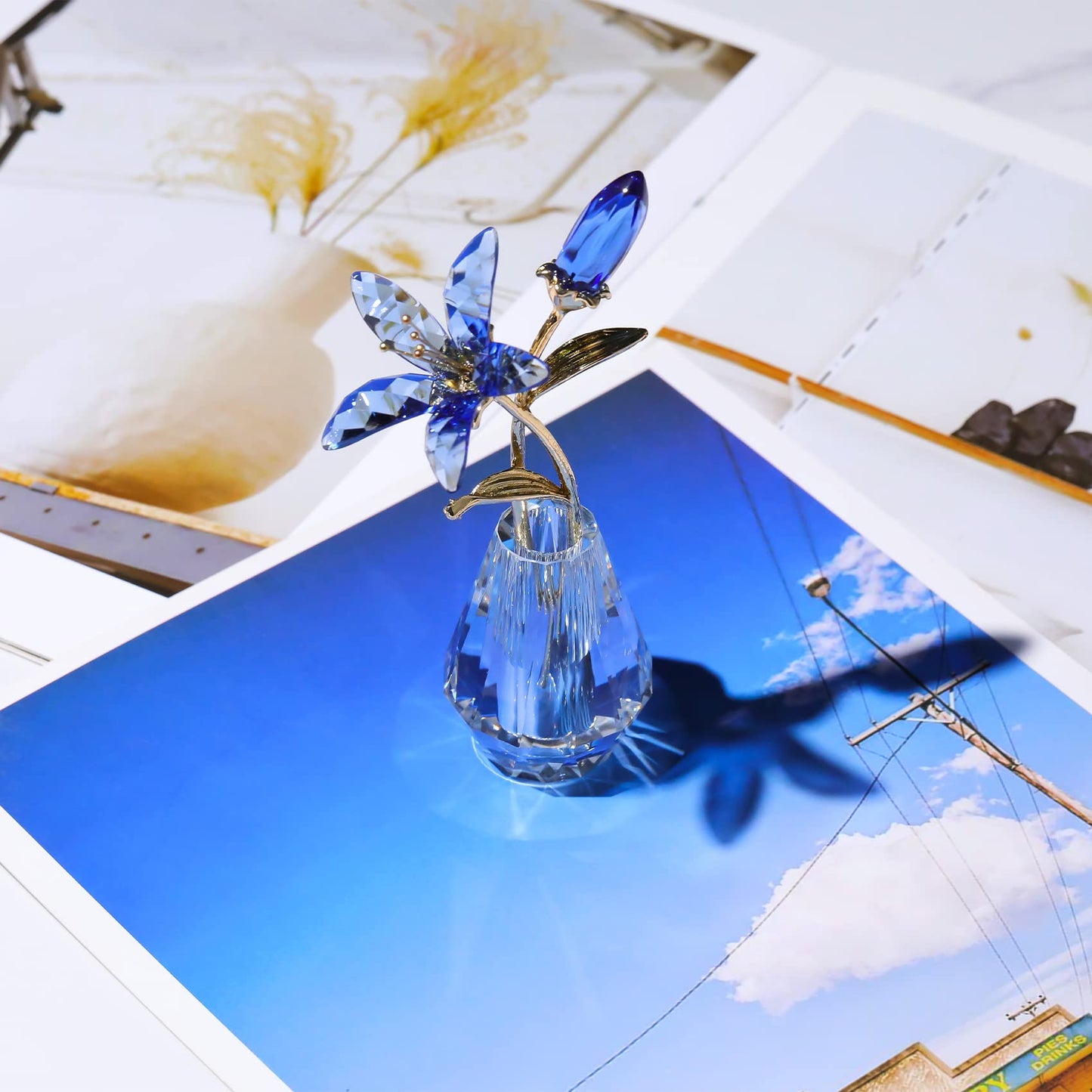 Ornalrist Crystal Tiger Lily Flowers with Vase Metal Stem Blue Lily Flower Collectible Gifts for Women, Glass Lilium Floral Figurines for Home Anniversary Party Decor