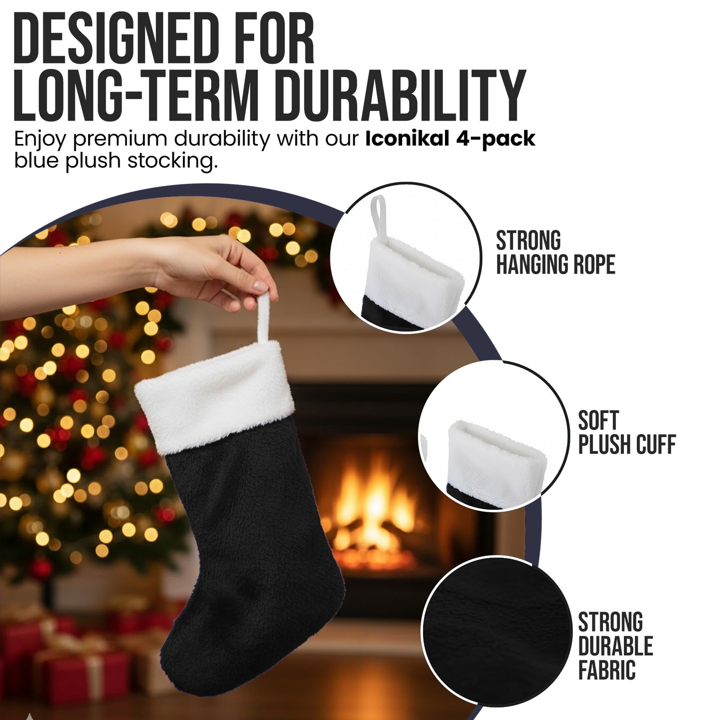 Iconikal 4-Pack Black 18-Inch Plush Fabric Christmas Stocking, Soft White Cuff, Holiday Decor