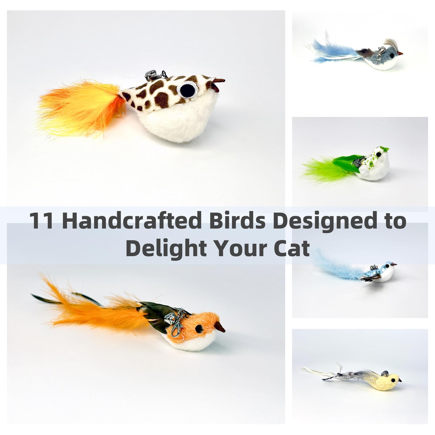 ZAYLUMO 11 PCS Multi-Functional Cat Toy Replacement Heads – Realistic Handmade Bird Teasers with Bells & Detachable Clip, for Interactive Play, Indoor Enrichment & Home Decoration