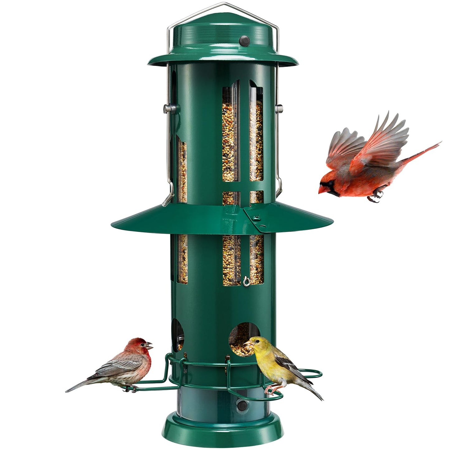 Kingsyard Squirrel Proof Bird Feeders with Weight-Activated Perches, Metal Wild Bird Feeder for Outdoors Hanging, 3 lb Large Seed Capacity, Green