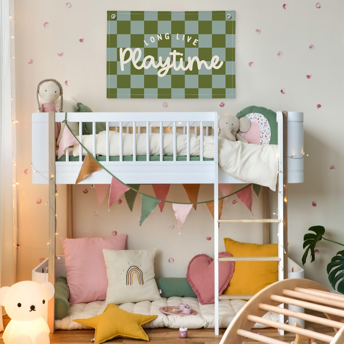 XYDEG Playroom Decor Long Live Playtime Banner, Green And Blue Checkered Pattern Banner Linen Hanging Banner Flag for Nursery Toddler Room, Boys Girls Kids Room Decor,Classroom Decorations 30x20