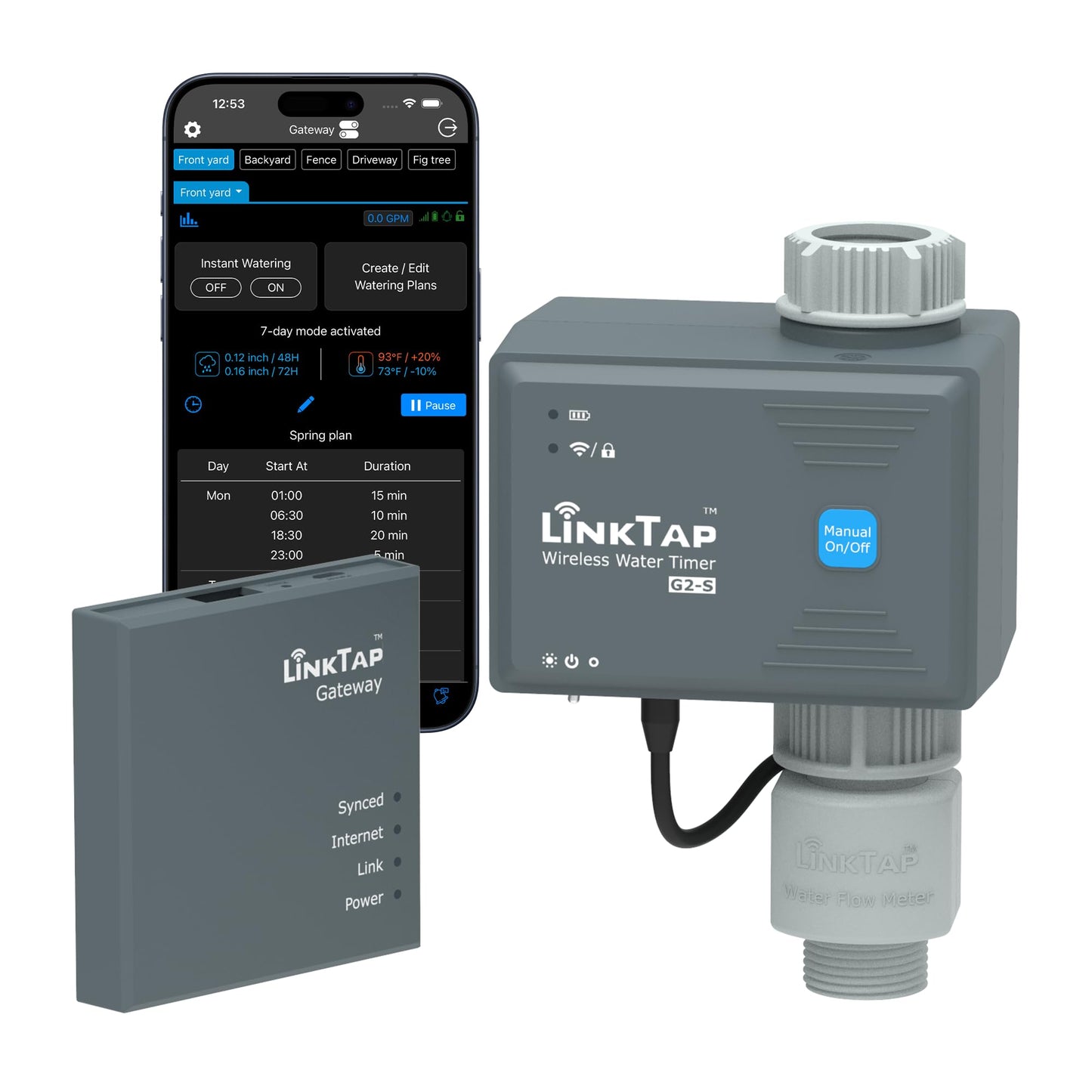 LinkTap G2S Smart Water Timer & Gateway, Greater Range Than WiFi Hose Timer, Real-Time Fault Detection & Alerts, Weather Awareness, Automatic Sprinkler Watering System for Lawns and Yard, Anti-Freeze