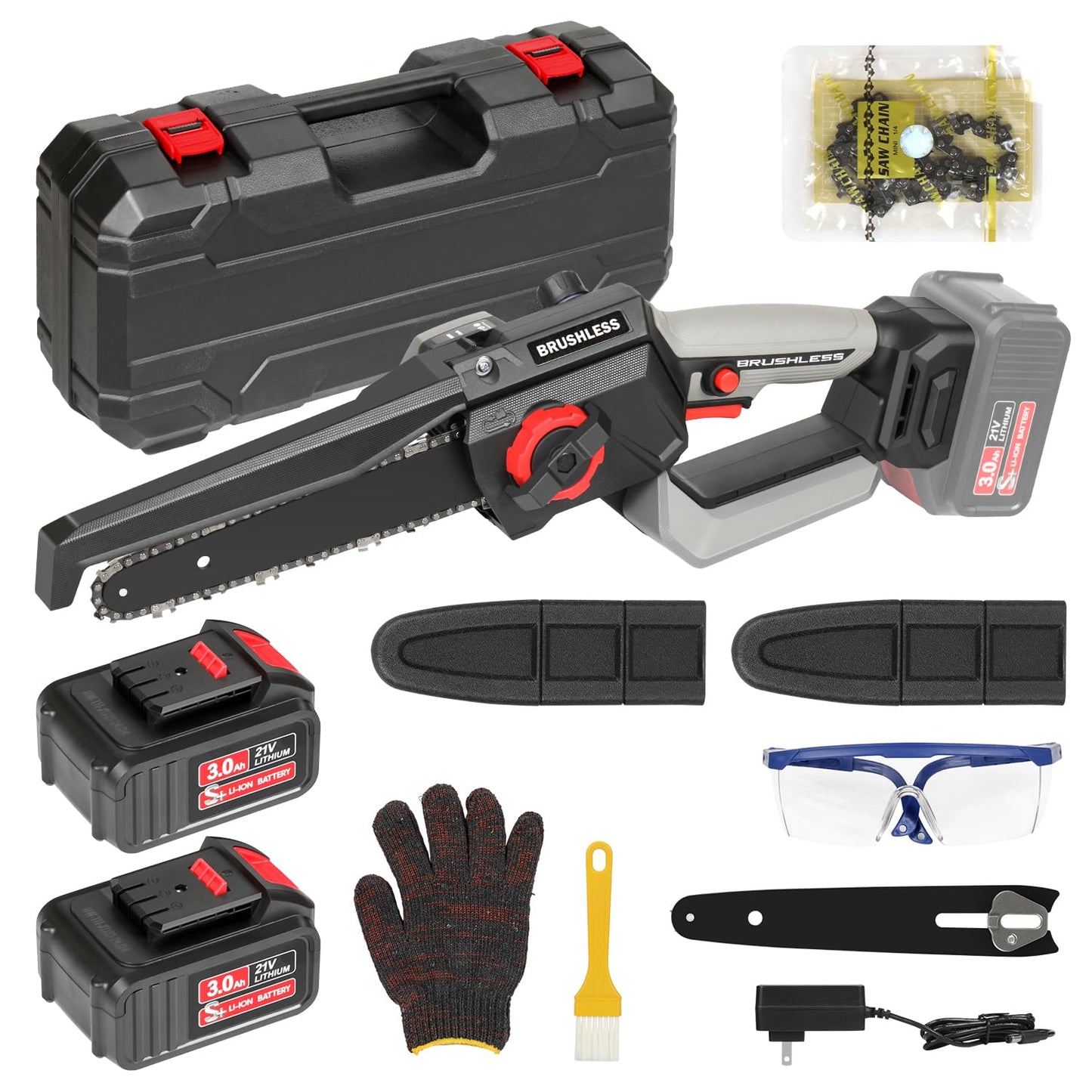 8 Inch Mini Chainsaw Cordless, 1150W 5000RPM Brushless Handheld Electric Chain Saw with Chain Guide Plate 2x3.0A Batteries and Other 6 Accessories, for Tree Branch Wood Cutting, Garden Tools Gift