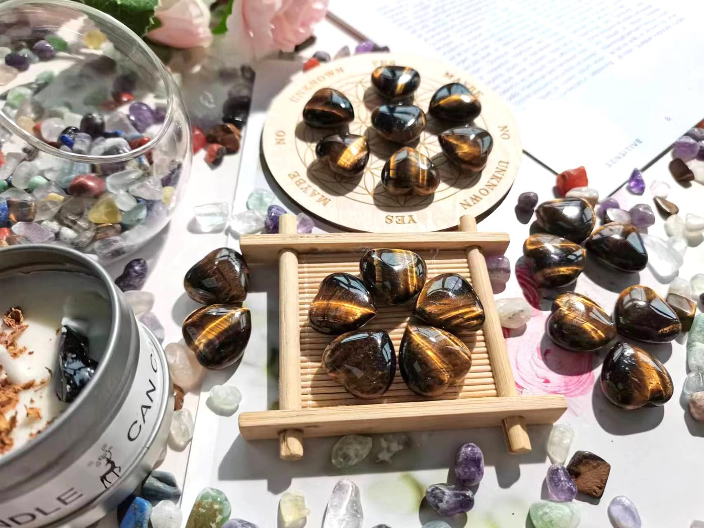QINJIEJIE 20PCS Tiger Eye Thick Heart Crystals Stones Natural Love Shaped Gemstones Pocket Quartz Crystal Bulk Polished Thumb Stones Set Worry Stone Reiki Energy Balancing Meditation Mini Gift