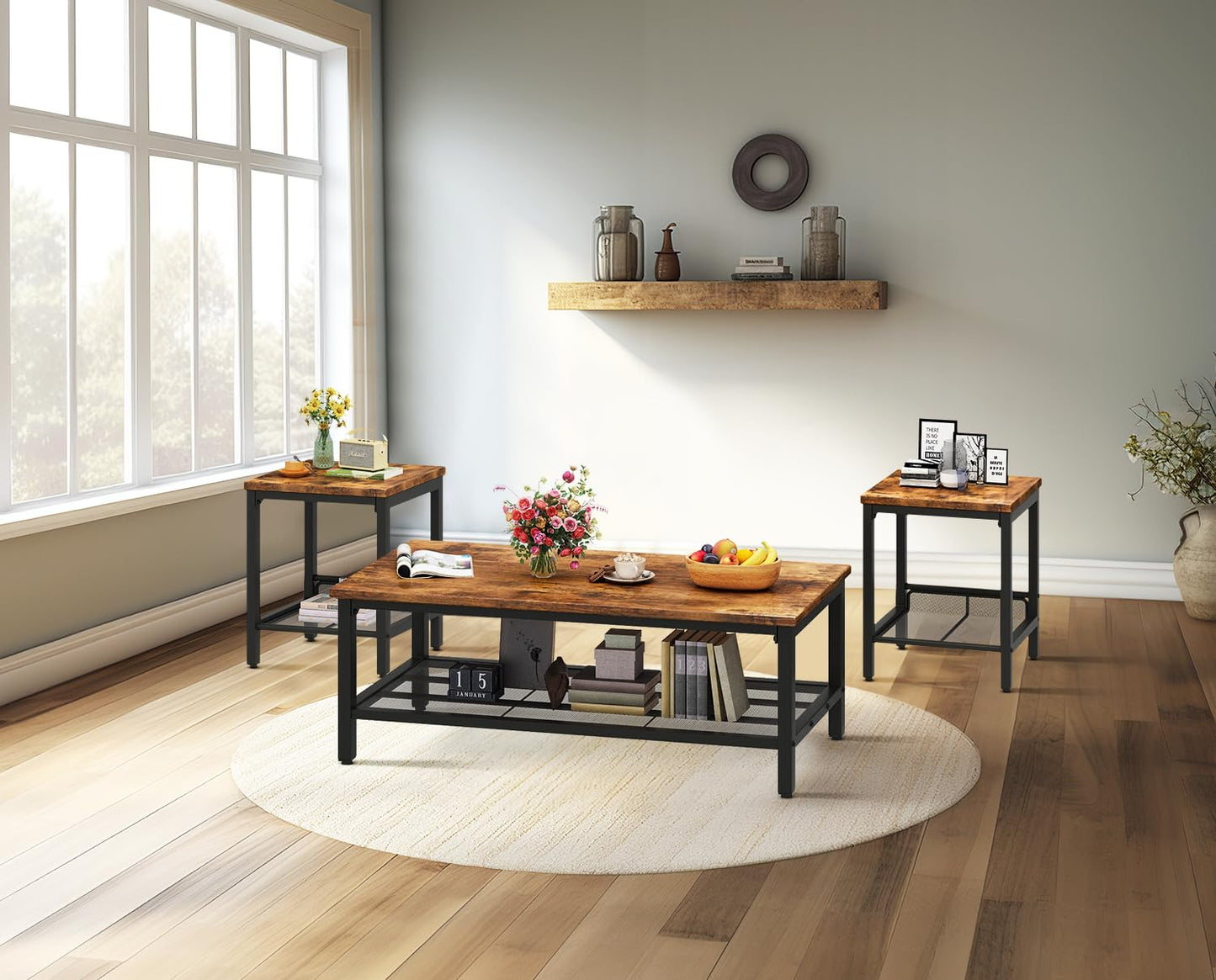 DKLGG Coffee Table Set of 3, Vintage Wood Coffee Table & 2 End Tables, Square Tabletop Modern Industrial Living Room 3-Piece Set for Apartment Home Office, Rustic Brown