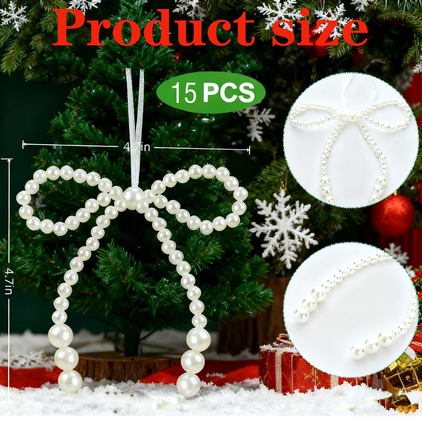 15 Pcs Pearl Bow Christmas Tree Ornaments - Christmas Tree Bead Bow Hanging Ornaments for Xmas Party Crafts, Suitable for Weddings， Gift Wrapping, Home Decoration(White)