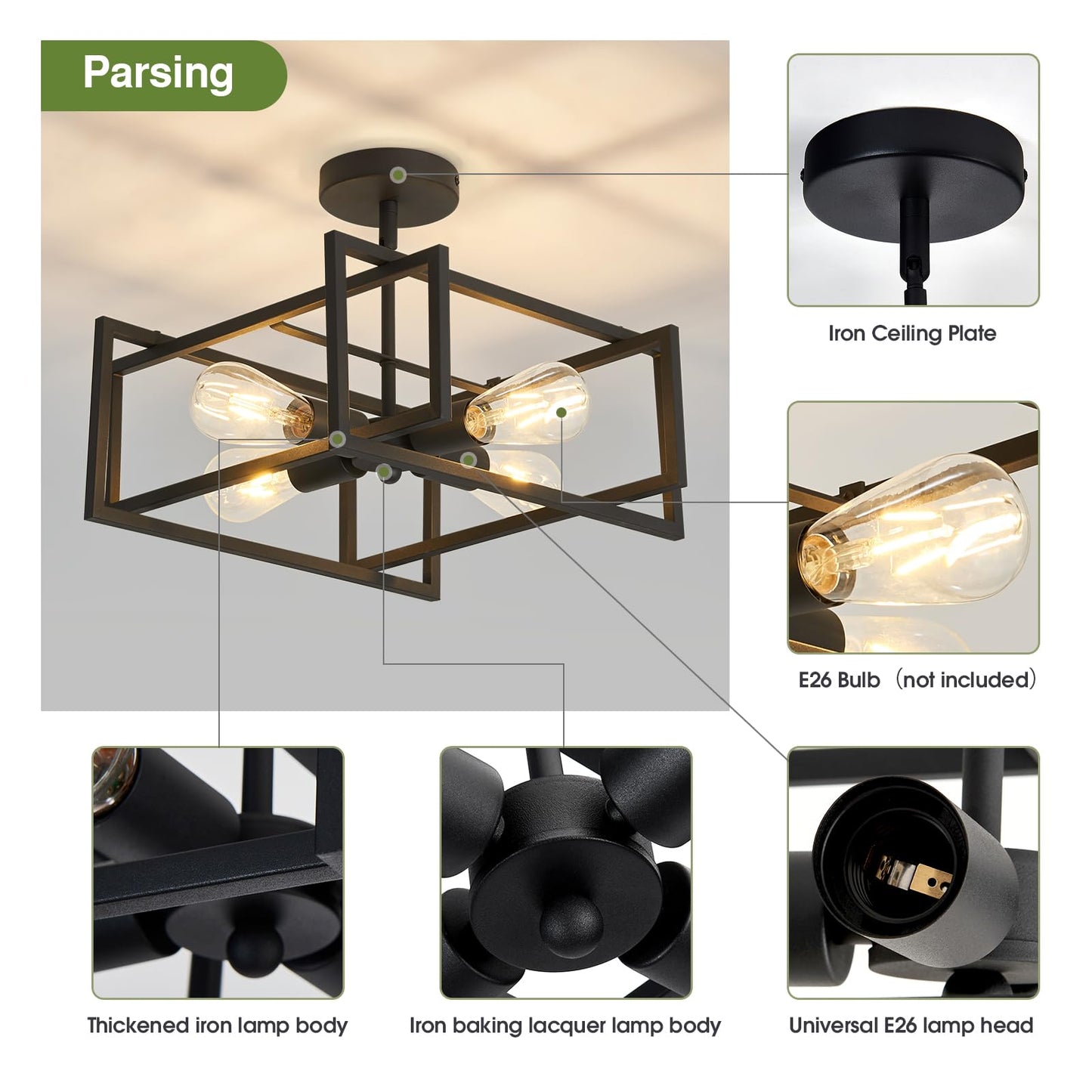 SZXYKEJI 2-Pack Close to Ceiling Light Modern Black Flush Mount Ceiling Light Fixture 18.89 Inch E26 Base Chandelier Lighting for Farmhouse Kitchen Island Dining Room Bedroom Foyer Entry
