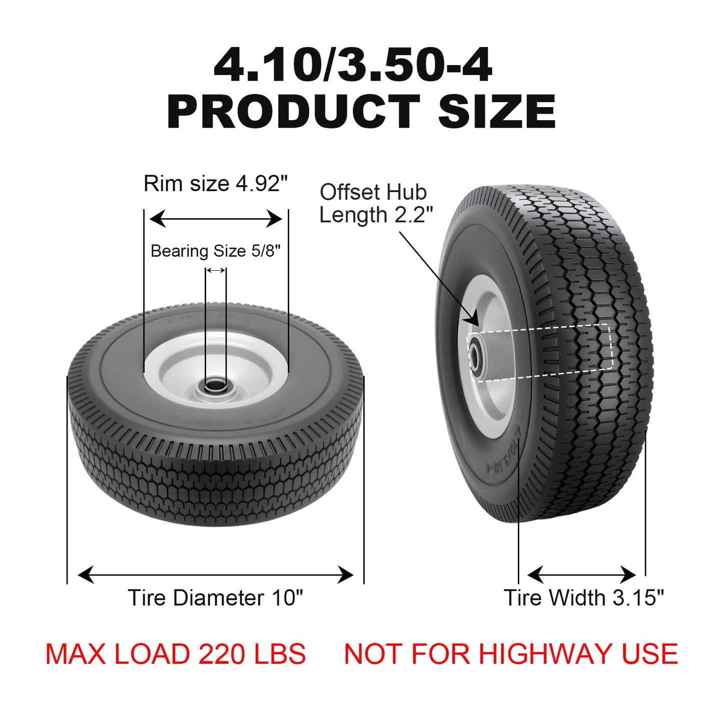 CYHOBK 2-Pack 4.10/3.50-4" Flat Free Solid Rubber Tires - 10" Replacement Wheels with 5/8" Axle Bore, 2.2" Offset Hub for Gorilla Cart, Hand Truck, Garden Wagon, Dump Carts - Puncture Proof