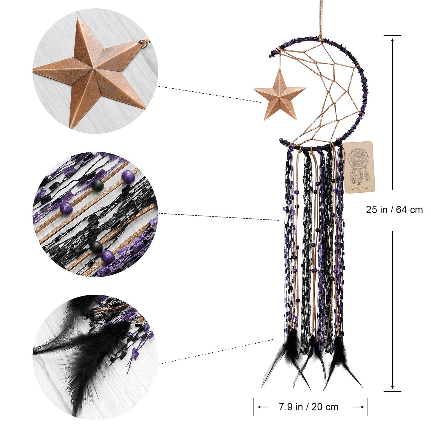 Dremisland Moon Dream Catcher Handmade Half Circle Moon Design Dream Catcher Feather Hanging with Star Home Decoration Ornament Festival Gift (Purple)