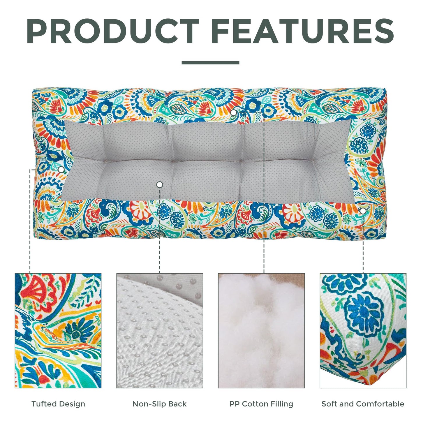 Magpie Fabrics Indoor Outdoor Bench Cushion 42"x18", Non-Slip Tufted Long Seat Pads, Patio Loveseat Cushion for Window, Garden, Swing, Settee - Paisley Multi