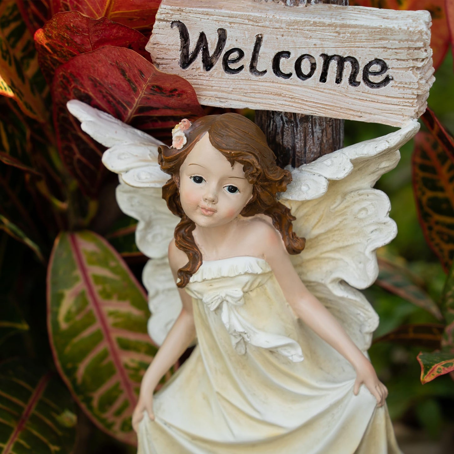 Floryden Garden Fairy Solar Light Welcome Sign, 22" in Height, Decorative Outdoor Statue with Auto Light-Up Feature