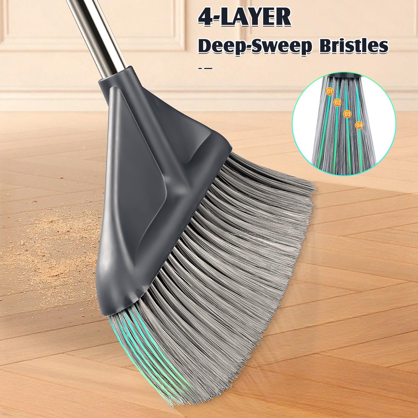 Broom and Dustpan Set for Home with 52 Inch Long Angled Handle - Stand Up Dustpan No Warping Metal Edge, Ergonomic Sweeping, 4 Layer Bristles and Hair Cleaning Teeth for Kitchen Office