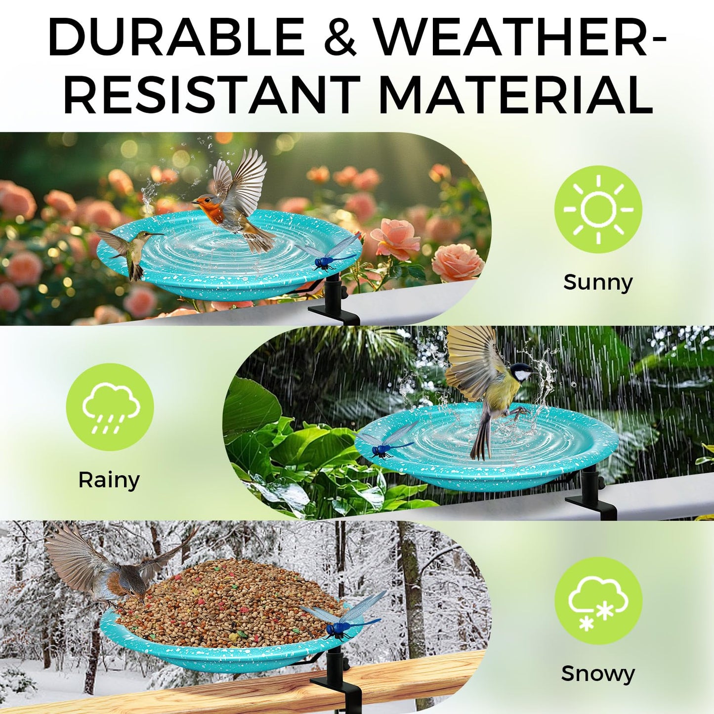 Deck Mounted Bird Bath,Premium Bird Water Feeder Bowl with Adjustable Clamp for Railing–Detachable & Weather Resistant Outdoor Garden Decor 11.5Inch (Sky Blue with White Dots)