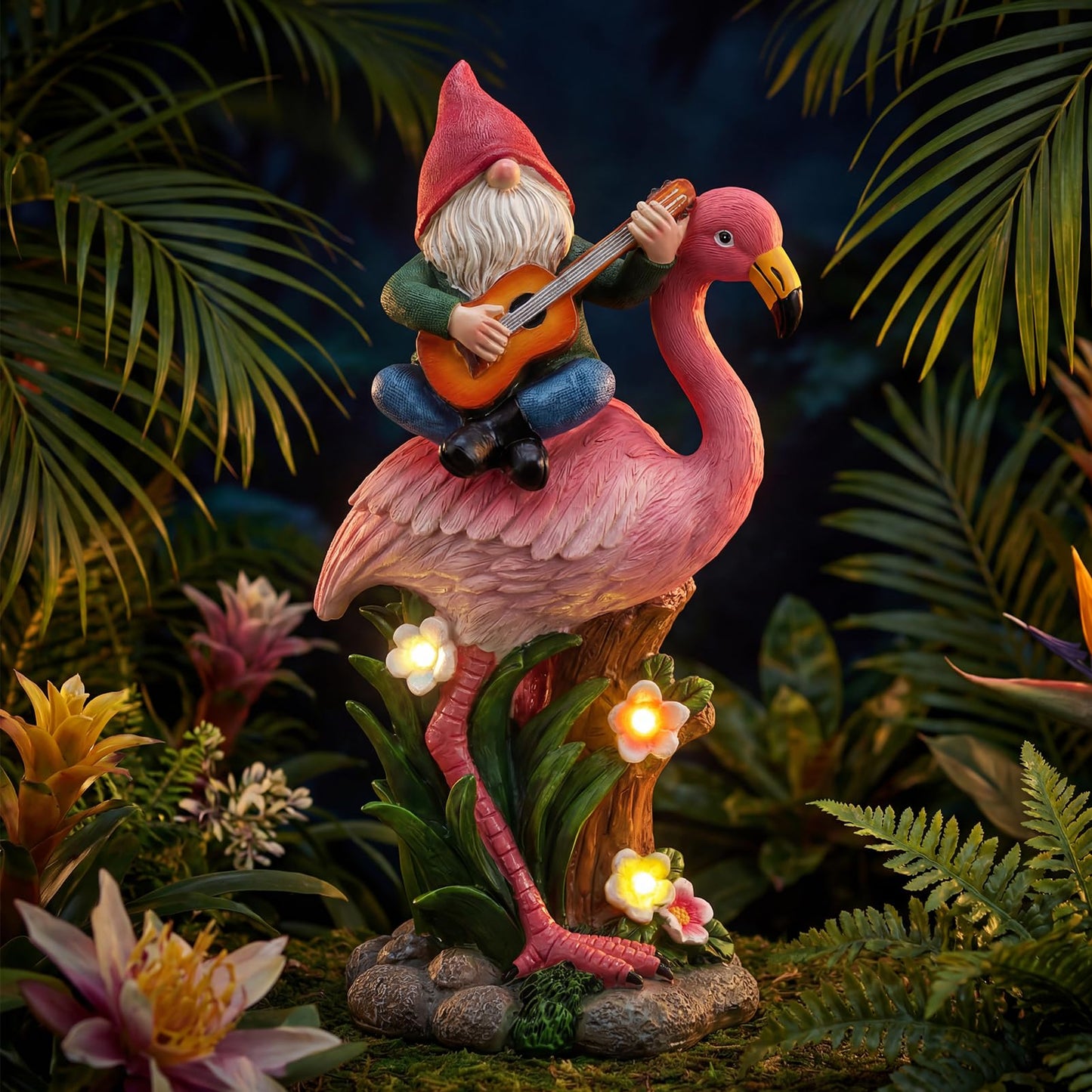 EXYGLO Solar Gnome Garden Statue Decor, 10" Gnome Riding Flamingo Outdoor Funny Decoration for Lawn, Patio, Yard, and Unique Housewarming, Birthday Ornament Gift for Mother, Friend, Family