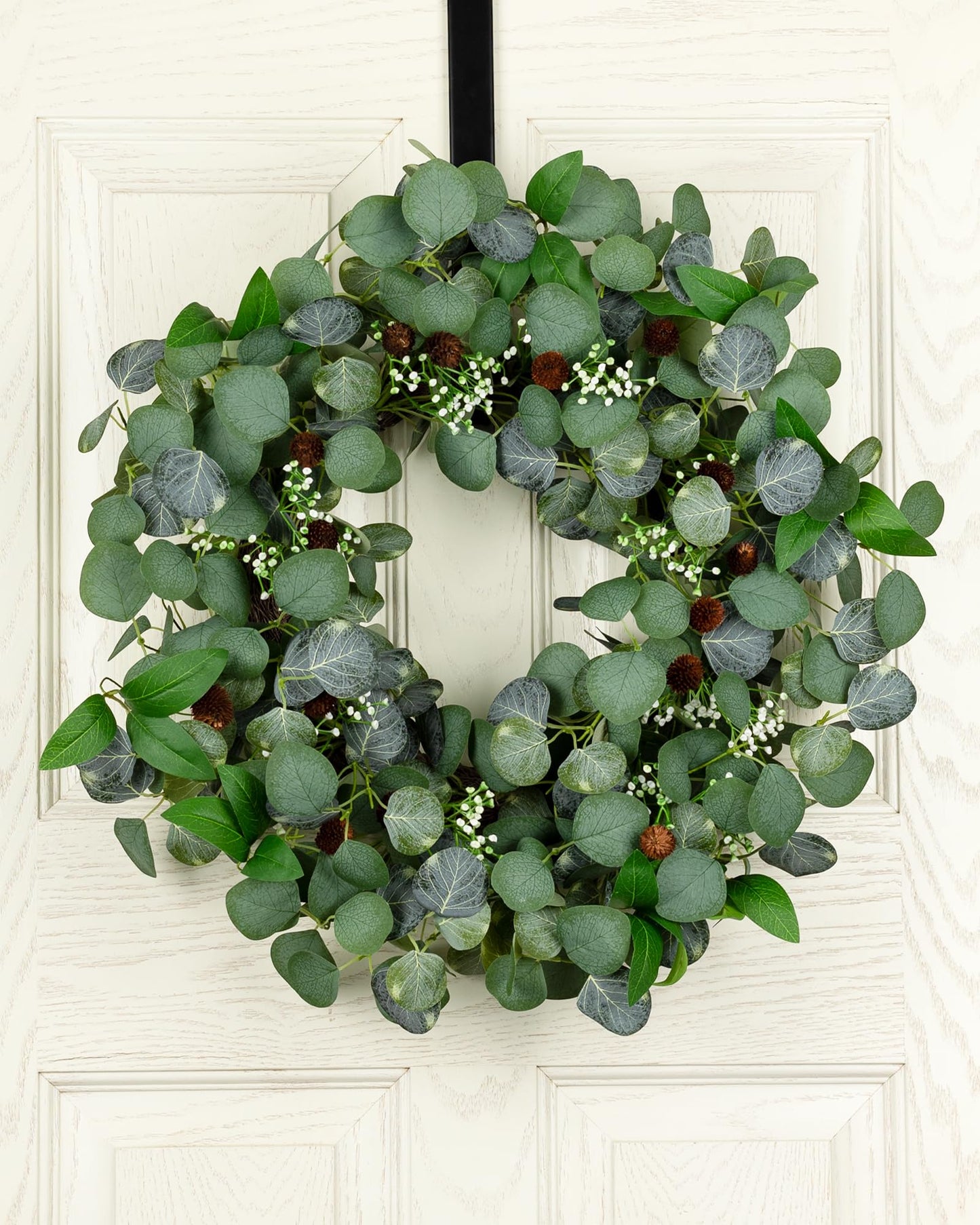 YUGALI 24" Spring Summer Eucalyptus Wreaths for Front Door, Artificial Silk Green Silver Dollar Eucalyptus Olive Leaves with White Berry Pinecone Accents Farmhouse All Seasons Outdoor Home Decor