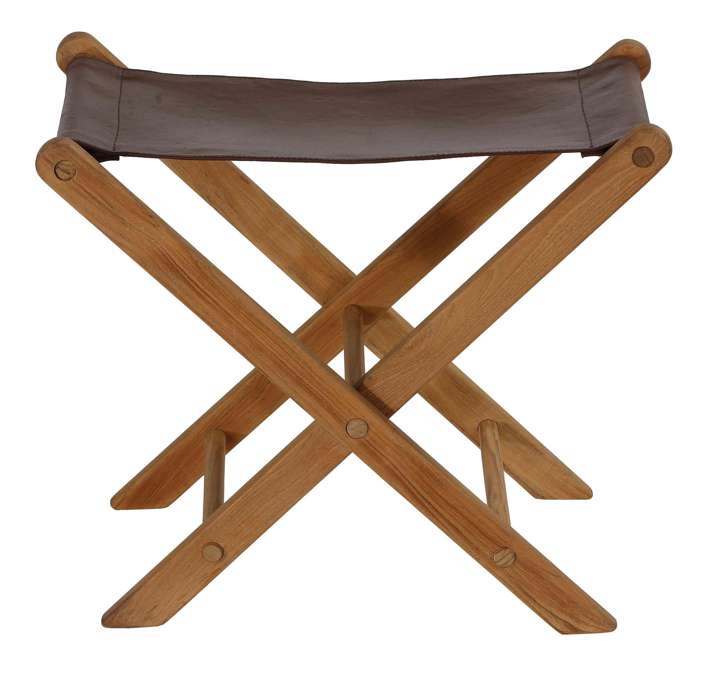 Bare Decor Davie Teak and Leather Folding Accent Stool, 18", Saddle Brown