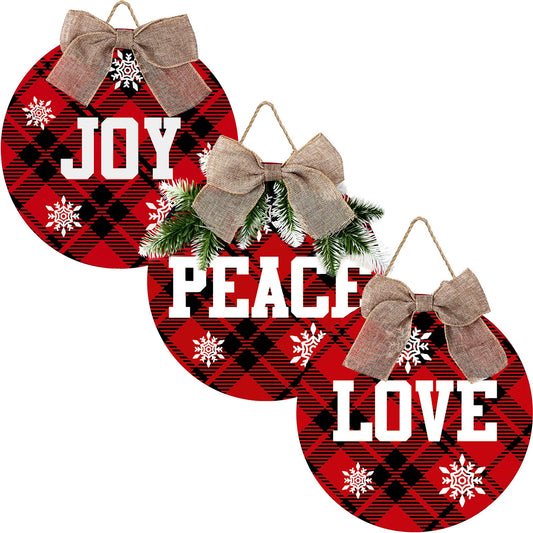 3 Pieces Christmas Hanging Sign Decorations Peace Joy Love Sign Buffalo Check Plaid Wreath for Front Door Rustic Burlap Wooden Holiday Decor Christmas Indoor Outdoor Decorations (Black Red)