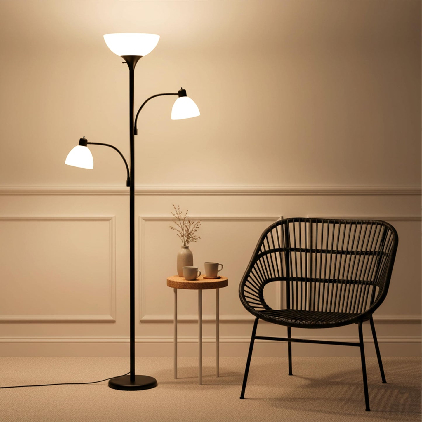 Brightech Sky Dome Double LED Floor Lamp, Torchiere Super Bright Floor Lamp with 2 Reading Lamps for Living Rooms & Offices - Dimmable Tall Standing Lamp for Bedroom Reading - Tall Black Pole