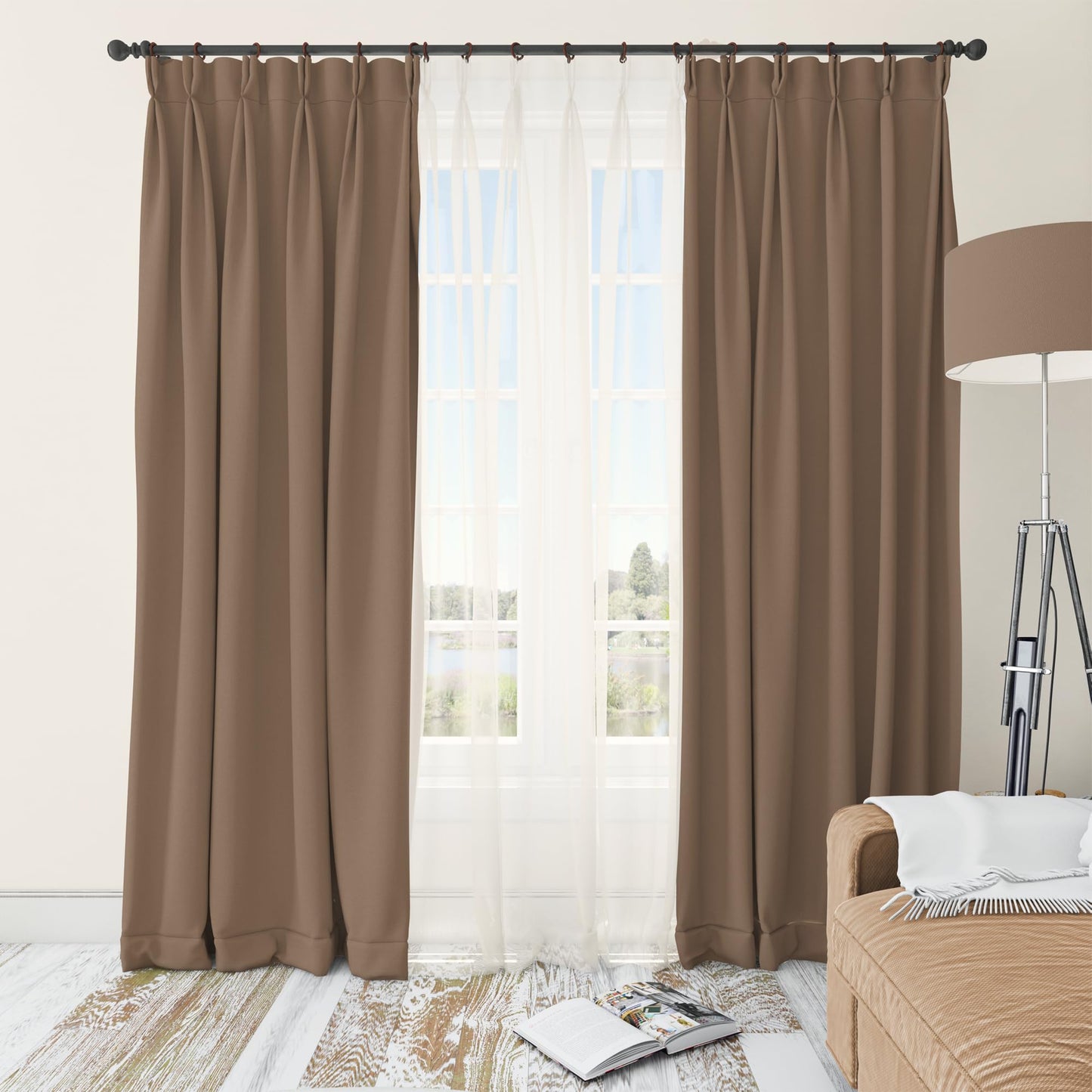 INANOSA 48 Pcs Handcrafted Natural Rose Wood Curtain Rings with Hooks – 3.5" Outer, 2.7" Inner Diameter – Smooth Wooden Drapery Rings for Rod with Metal Hooks