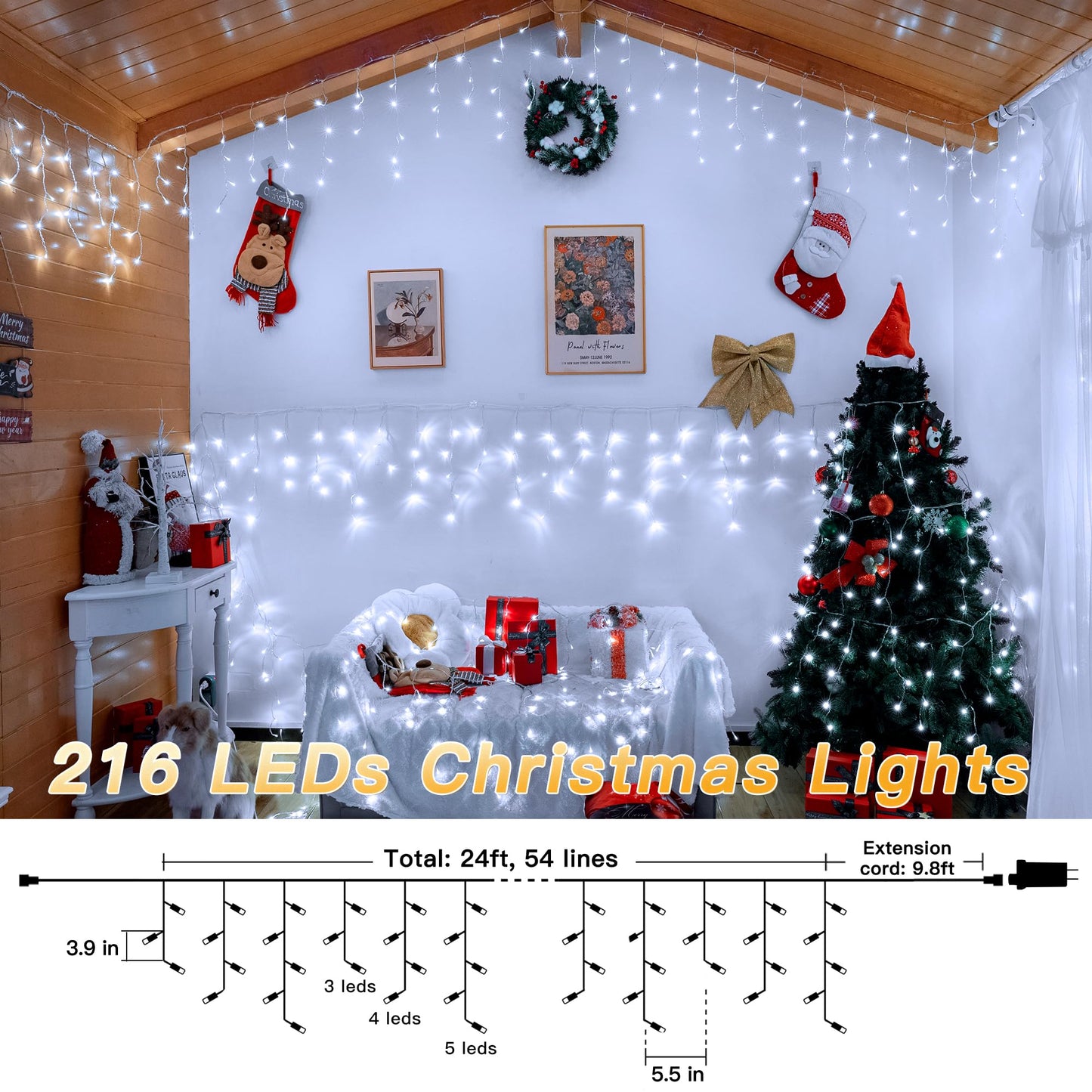 Icicle Lights for Outside, 216LED 24FT Waterproof Christmas Light Outdoor with 8 Modes & Timer, Connectable Christmas Icicle Lights for Eaves House Yard Indoor Outdoor Holiday Decoration(Cool White)