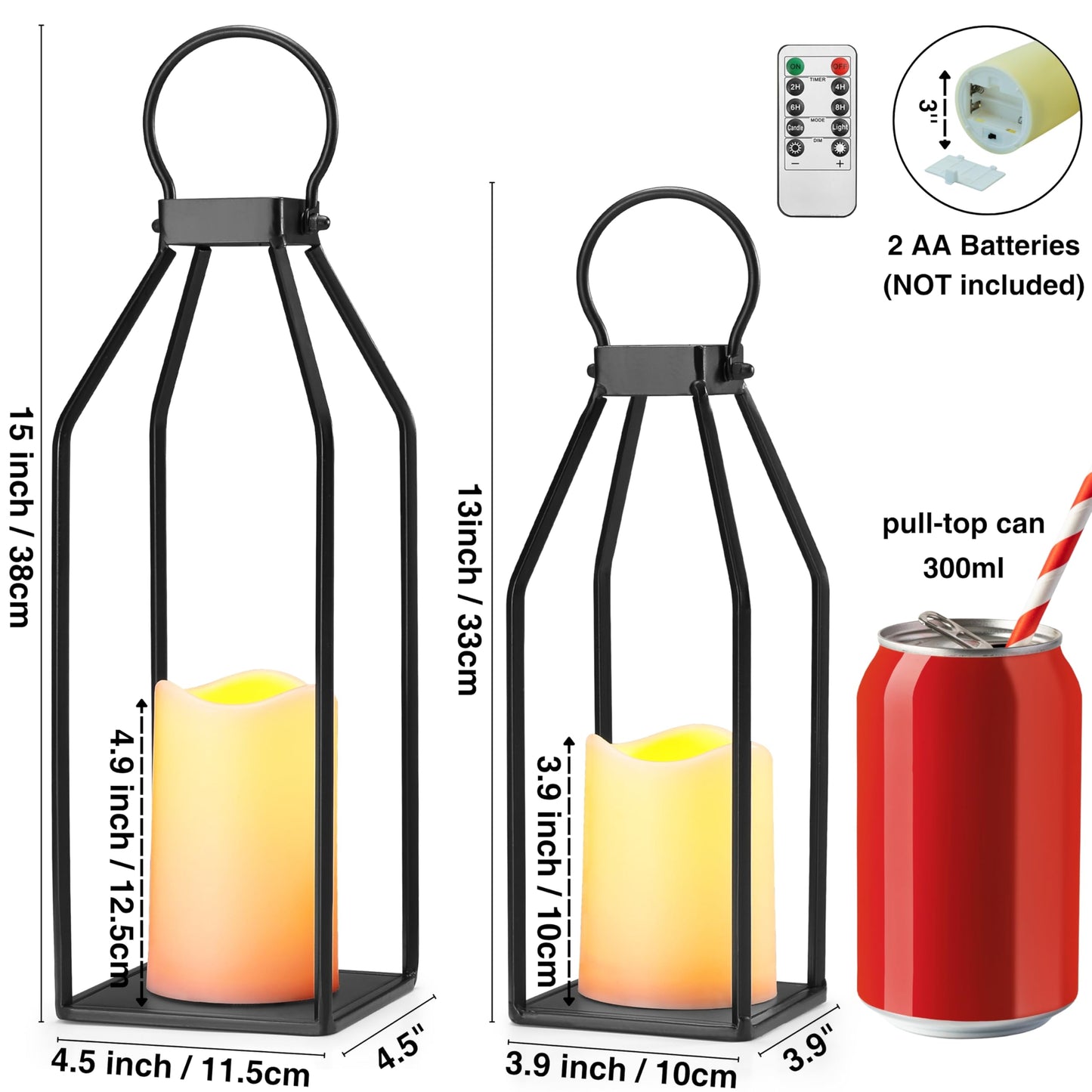 Perfnique Modern Farmhouse Lantern Decor, 15'' 13'' Set of 2 Black Metal Lantern, 2 LED 6hr Timer Flameless Candles ＆ Remote Timer, Lanterns Decorative for Outdoor, Home, Indoor, Patio, Christmas