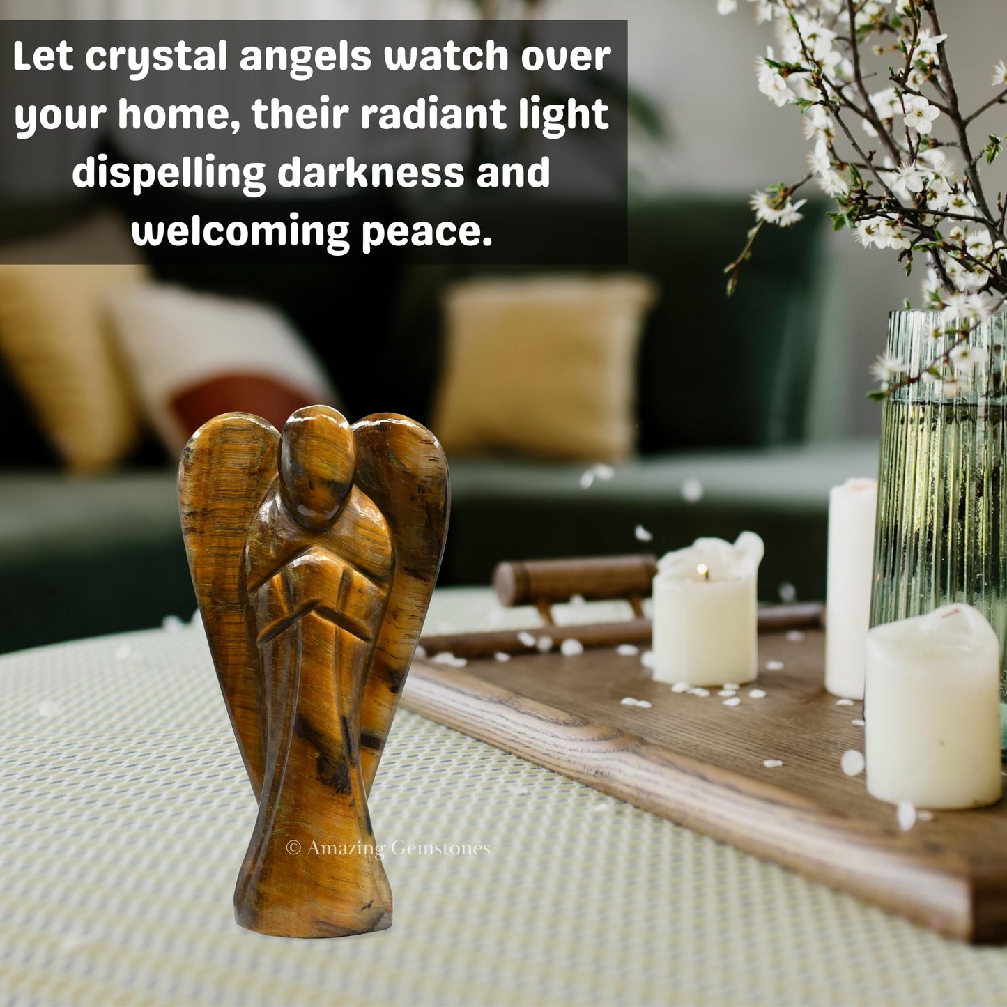 Tiger Eye Crystal Guardian Angel Figurines Ornament for Healing Birthstone, Decoration Statue (Hand Carved Pocket Gemstone Angel) (2 inch)