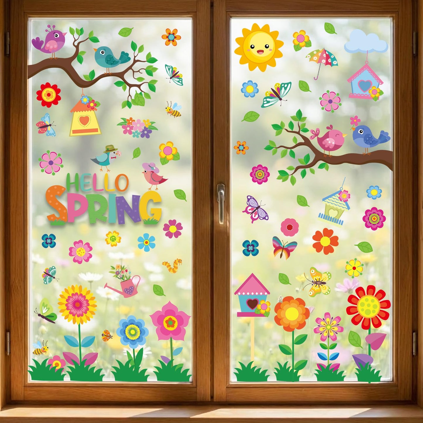9 Sheets Spring Window Clings for Glass Windows, Spring Decor Window Stickers for Kids, Summer Easter Decals Decorations for Home, Office, Classroom Glass Doors
