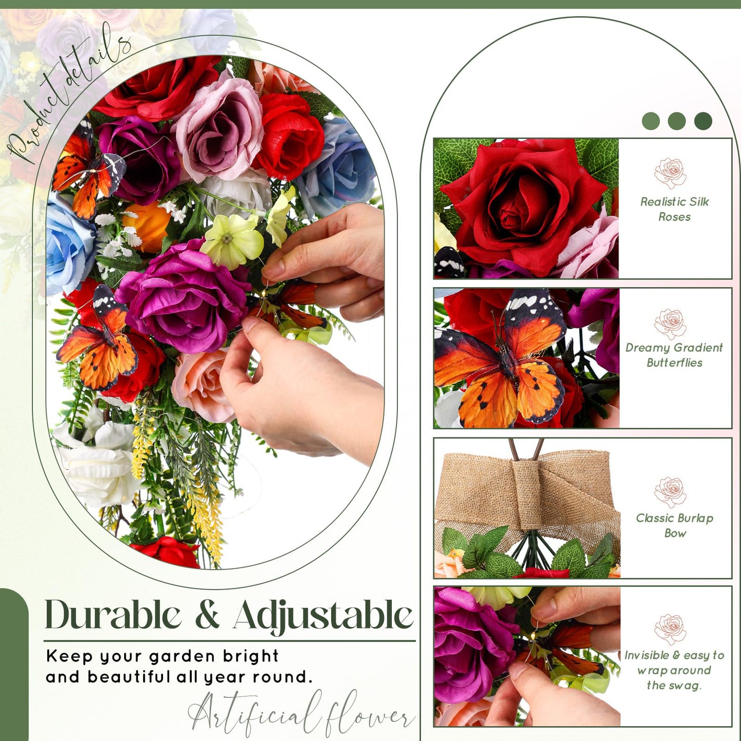 Norme 2 Pack Spring Teardrop Swag Pre-Lit, 23.6" Artificial Rose Teardrop Wreath for Front Door with Burlap Bow Butterflies for Porch Wall Window Stair