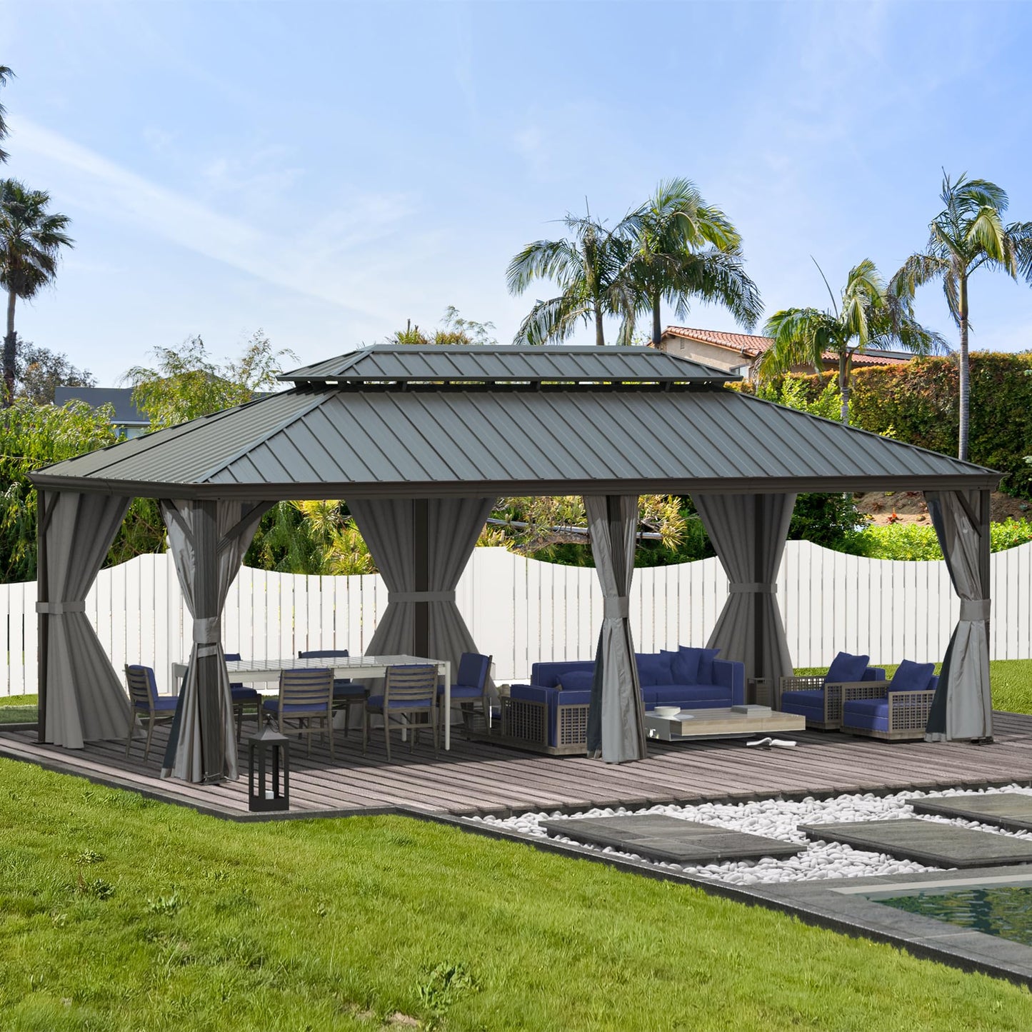 Domi 14'x20' Outdoor Gazebo, Hardtop Gazebo with Aluminum Frame, Heavy Duty Pavilion Gazebo for Patio Deck Backyard,Curtain and Netting, Grey