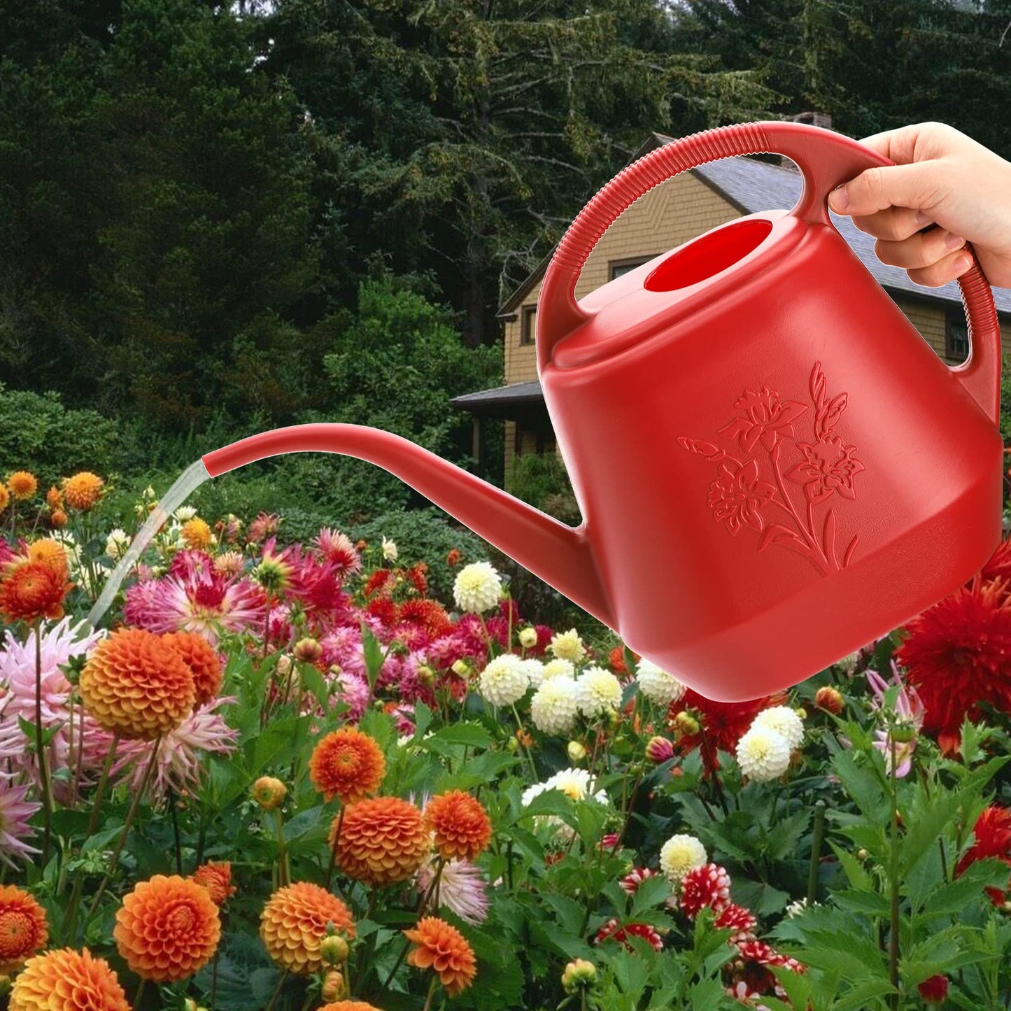 Fasmov 1-Gallon Plastic Watering Can with Comfortable Handle, Garden Watering Cans Long Spout for Indoor Outdoor Watering Plants, Burnt Red