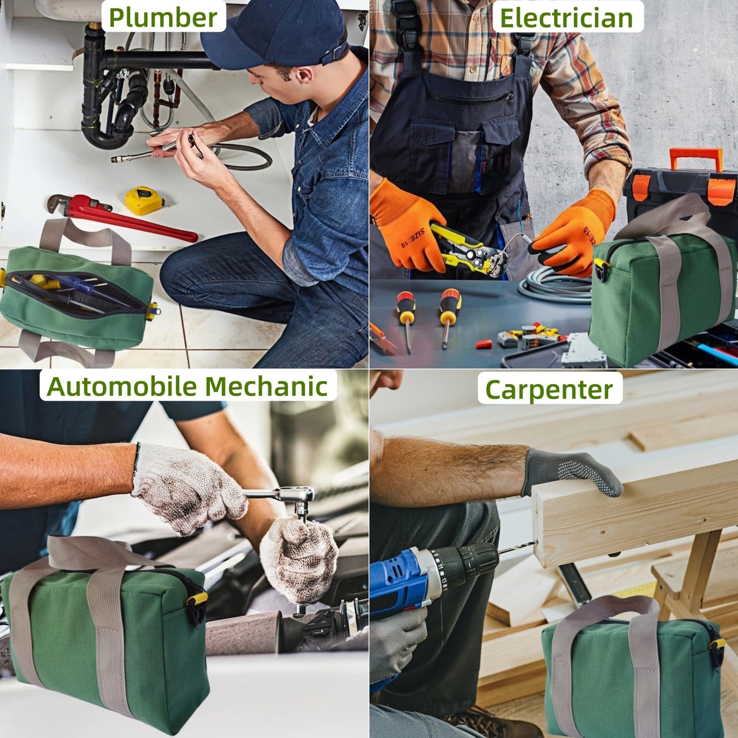 Voyboced 12 Inch Canvas Tool Bag, Small Tool Bag for Men, Large Capacity Wide Mouth Tool Organizer Tote Bag for Storage Hand Tools Wrenches (Green, 12 Inch)
