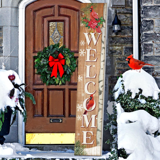 Menkxi Christmas Welcome Porch Sign Red Cardinal Front Door Standing Hanging Decorations Xmas Large Wooden Porch Signs for Winter Farmhouse Outdoor Home Decor, 8 x 47 Inch