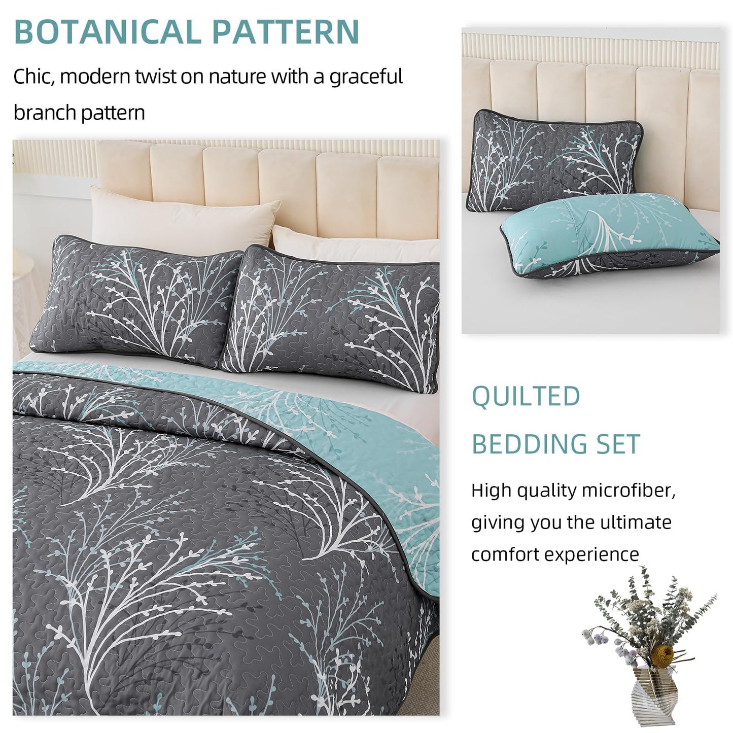 DJY Full Size Quilt Set Grey Blue Reversible Bedspread Coverlet Set 3 Piece, Branch Floral Lightweight Microfiber Botanical Quilted Bedding Set with Pillowcases for All Season (78''x90'')
