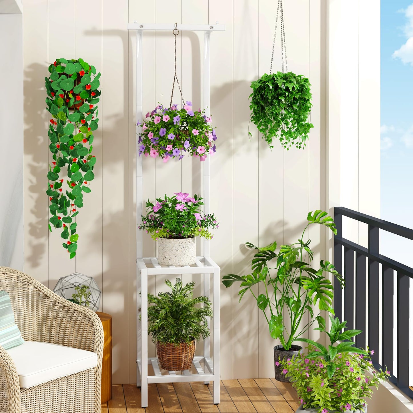 IBUYKE 67 Inch Tall Plant Stand Indoor Outdoor, 3 Tier Metal Hanging Plant Shelf for Multiple Plant, Heavy Duty Plant Holder Flower Stand for Living Room Patio Balcony Garden, White TMJ076W