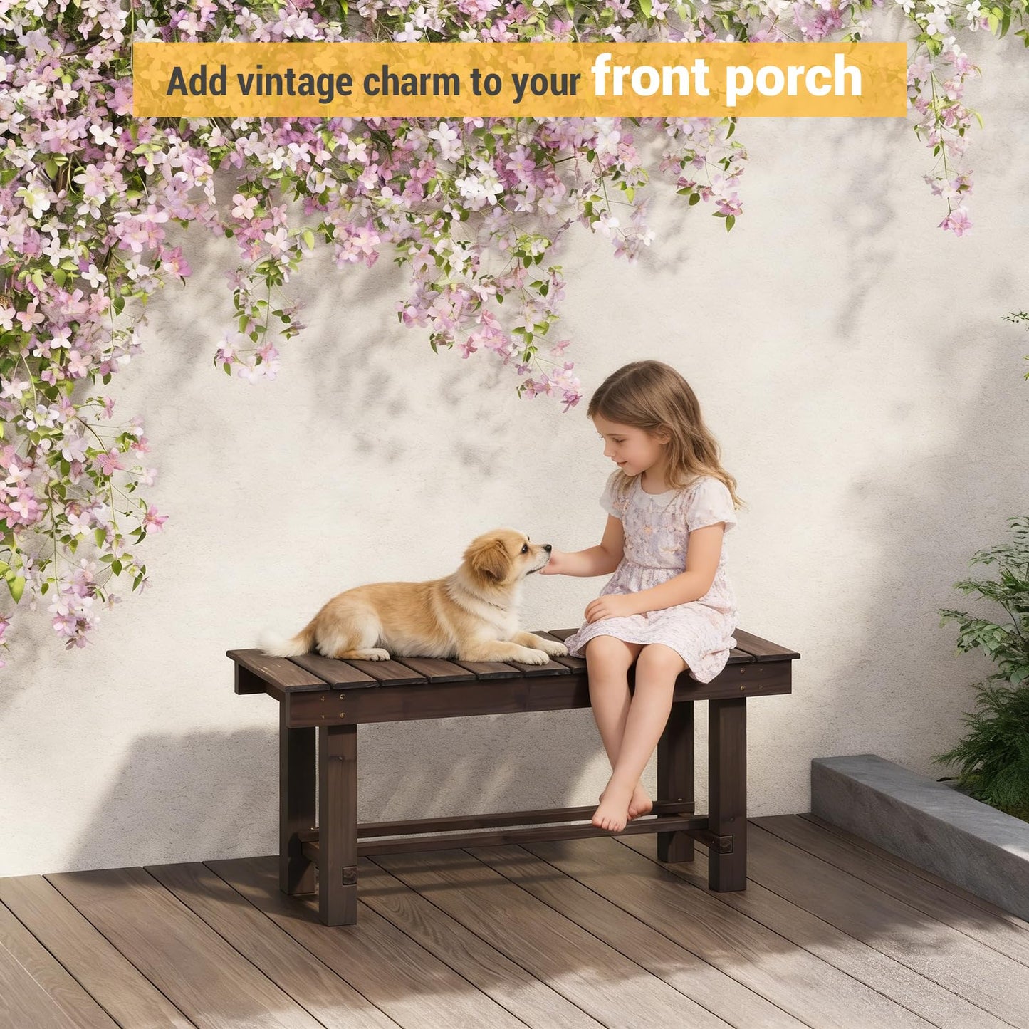 Wood Outdoor Garden Bench, 2-Person Seat 35" Backless Bench, 100% Solid Fir Carbonized Weatherproof Patio Bench,Indoor Bathroom Seat Entryway Shoe Bench for Garden Porch Backyard Pool Balcony (Small)