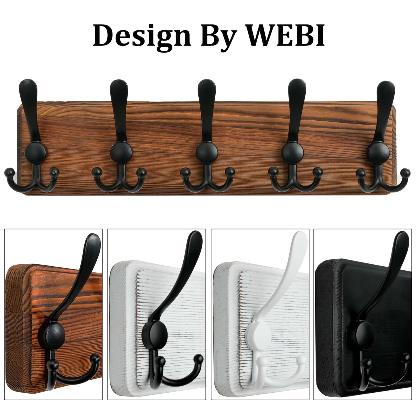 WEBI Rustic Coat Rack Wall Mount,Solid Wood Coat Hooks Wall Mounted Coat Hanger,16" Hole to Hole,Hook Rack Rail,5 Triple Hooks for Hanging Coats,Jacket,Clothes,Farmhouse,Brown